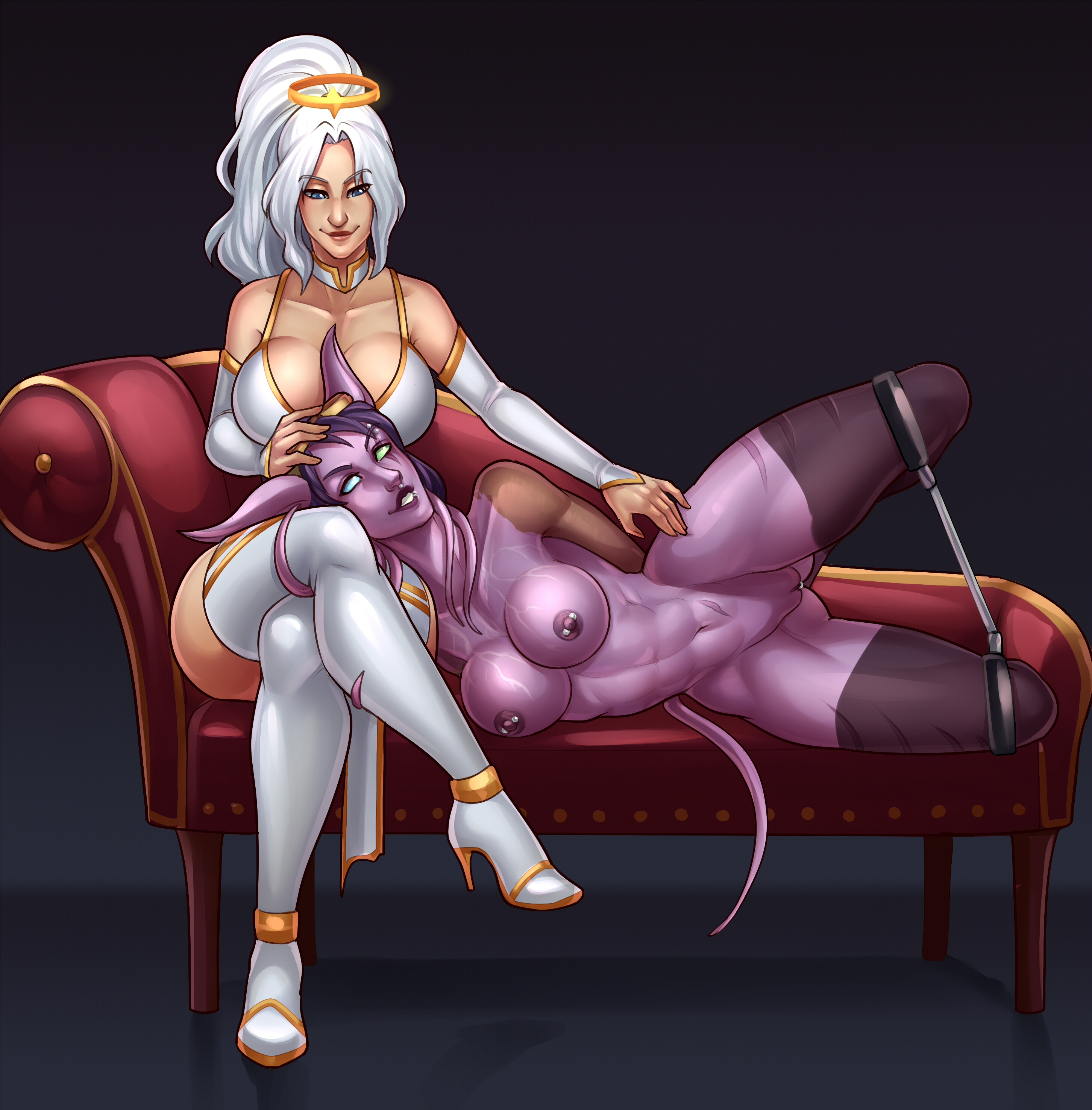 2girls, athletic, athletic female, barbell piercing, big breasts, blizzard entertainment, blue eyes, breasts, cuti-chan, draenei, female, high heels, human, human (world of warcraft), light skin, light-skinned female, lingerie, multiple females, multiple girls, nipple piercing, nipples, original character, piercing, ponytail, purple hair, purple skin, restrained, roleplay character, spreader bar, stockings, thick thighs, thighhighs, valencia whitmore, warcraft, white hair, world of warcraft, yuri