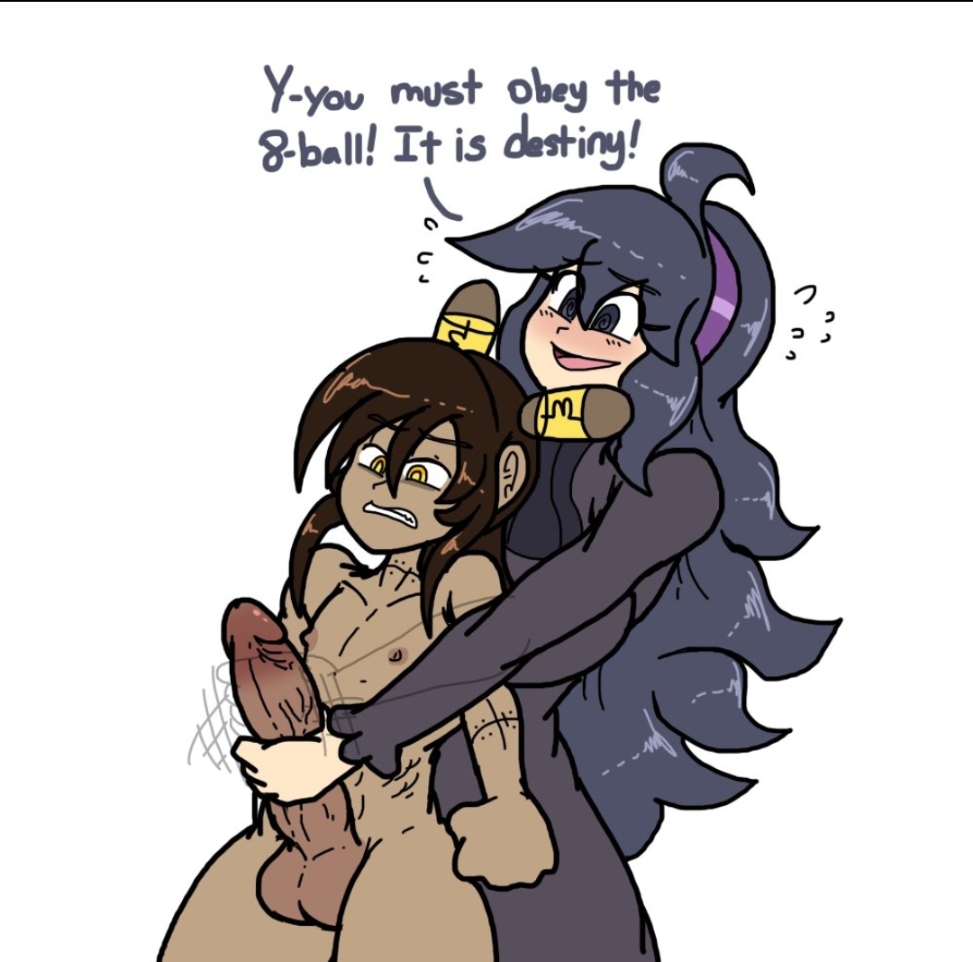 1boy, dark skin, female, female supporting yaoi, handjob, hex maniac, human, hung bottom, hung trap, jerking, large breasts, light skin, looking at penis, male, masturbation, original character, pokemon, poopishness