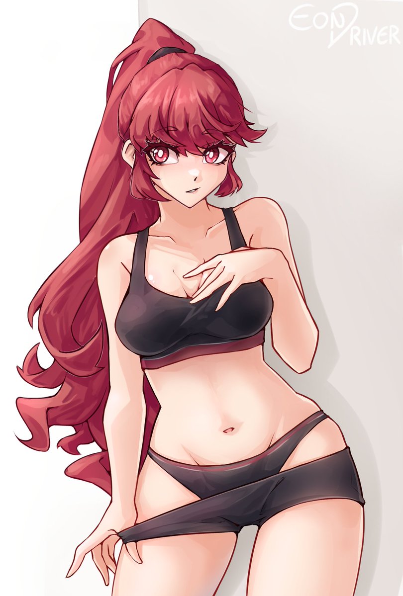 1girls, atlus, black underwear, breasts, eon driver, female, female only, kasumi yoshizawa, light skin, light-skinned female, looking to the side, medium hair, navel, persona, persona 5, persona 5 royal, ponytail, red eyes, red hair, solo, solo female, standing, sumire yoshizawa, underwear, undressing