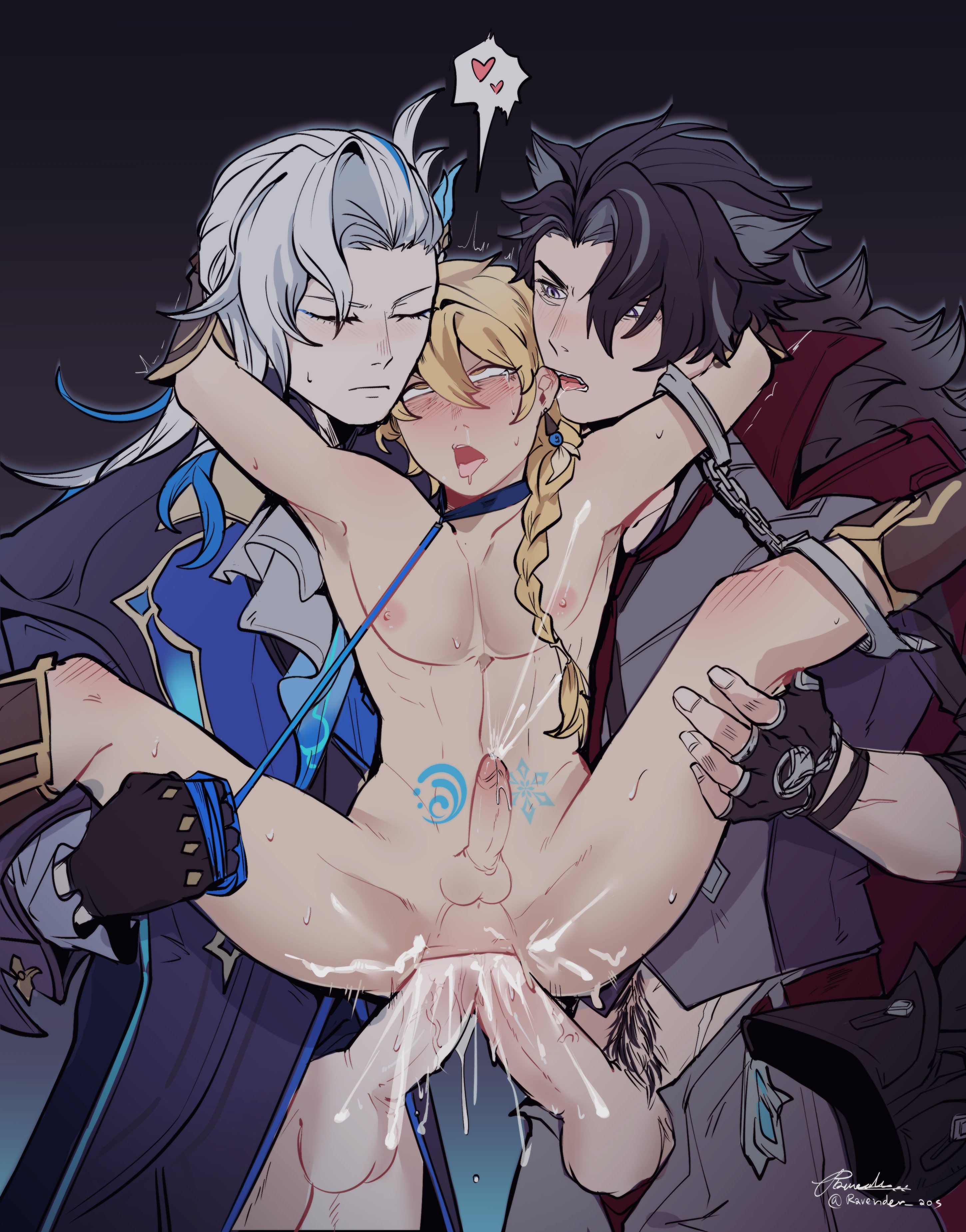 3boys, aether (genshin impact), ahe gao, anal, animal ears, ass, balls, big penis, biting ear, black hair, blonde hair, braided ponytail, chains, clothed male nude male, collar, cum, cum in ass, cum inside, cum while penetrated, cumming together, double anal, double penetration, genshin impact, handcuffs, handsfree ejaculation, leash and collar, leash pull, male, male only, mmm threesome, neuvillette (genshin impact), penetration, penis, penis size difference, pubes, ravender aos, restrained, shoes only, small penis, smaller penetrated, stand and carry position, standing sex, suspended double penetration, threesome, white background, wriothesley (genshin impact), yaoi