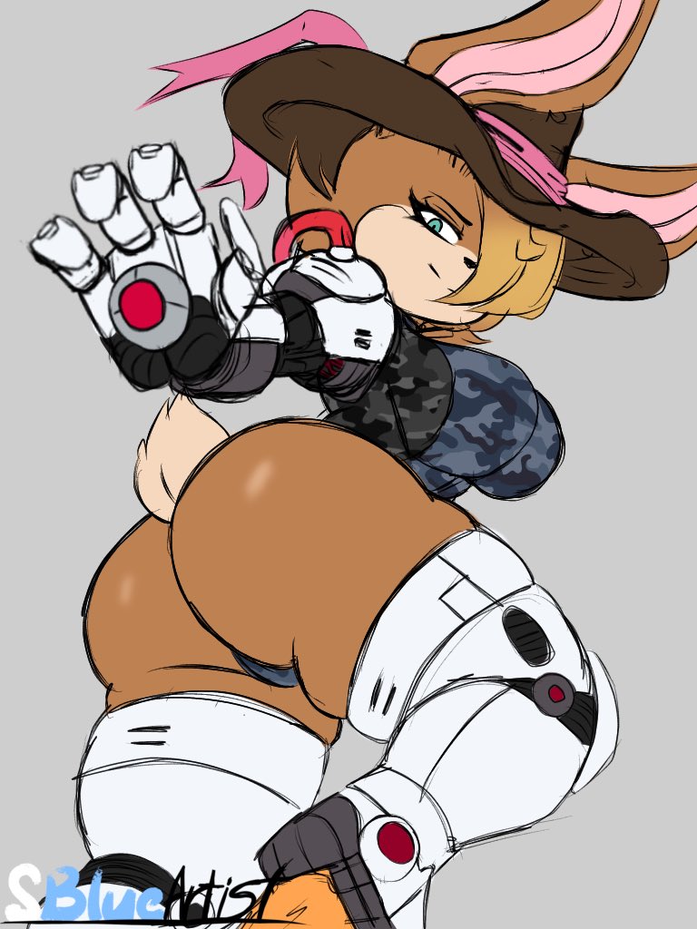 1girls ass bodysuit brown_fur brown_hair bunnie_rabbot bunny_ears bunny_girl cow_girl cyborg dark-skinned_female dark_skin digital_media_(artwork) green_eyes hat high_heels looking_at_viewer looking_back robotic_arm shiny_skin snowyblue sonic_(series) tail watermark