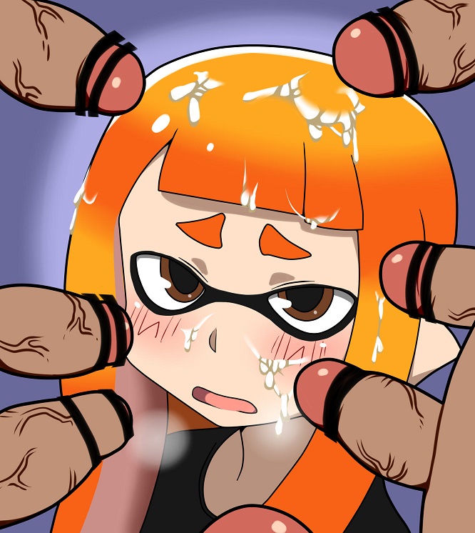 1girls, 6boys, anthro, artist request, beige skin, blush, brown eyes, censor bar, censored, cephalopod, cephalopod humanoid, clothed, clothed female, clothing, color, cum, cum on cheek, cum on face, cum on hair, cute, erection, female, female focus, human, humanoid, inkling, inkling girl, interspecies, kaori (splatoon), long hair, male, male/female, mask (marking), multiple penises, nintendo, open eyes, open mouth, orange hair, penis, pointy ears, solo focus, splatoon, splatoon (series), squid, straight, surrounded by penises, tentacle, tentacle hair