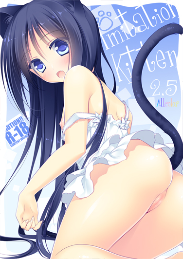 animal_ears ass beige_skin black_fur blue_eyes blue_hair blush bottomless cat_ears cat_tail clothes color cute_fang female female_only fur furry_ears furry_tail hair kemonimimi kemonomimi long_hair looking_back motomiya_mitsuki nipples open_eyes open_mouth original pussy raised_tail small_breasts solo strap_slip tail tank_top vulva