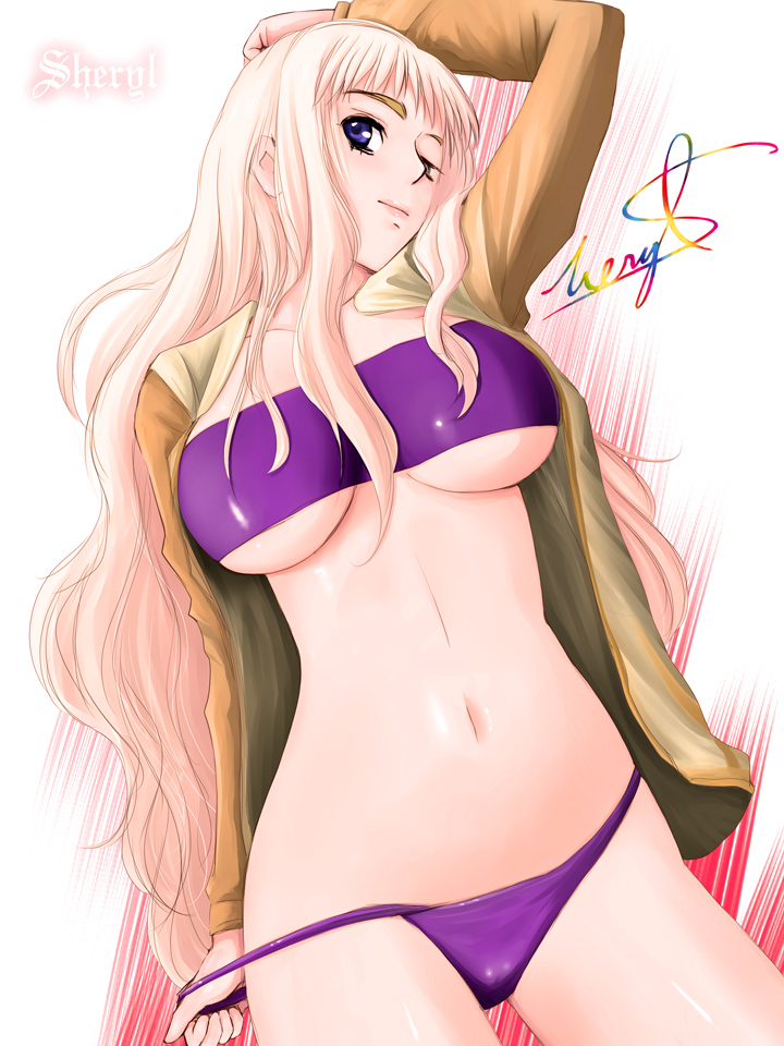 bikini blonde_hair blue_eyes breasts jacket large_breasts macross macross_frontier mizugi niwatori_kokezou sheryl_nome shitapai swimsuit underboob