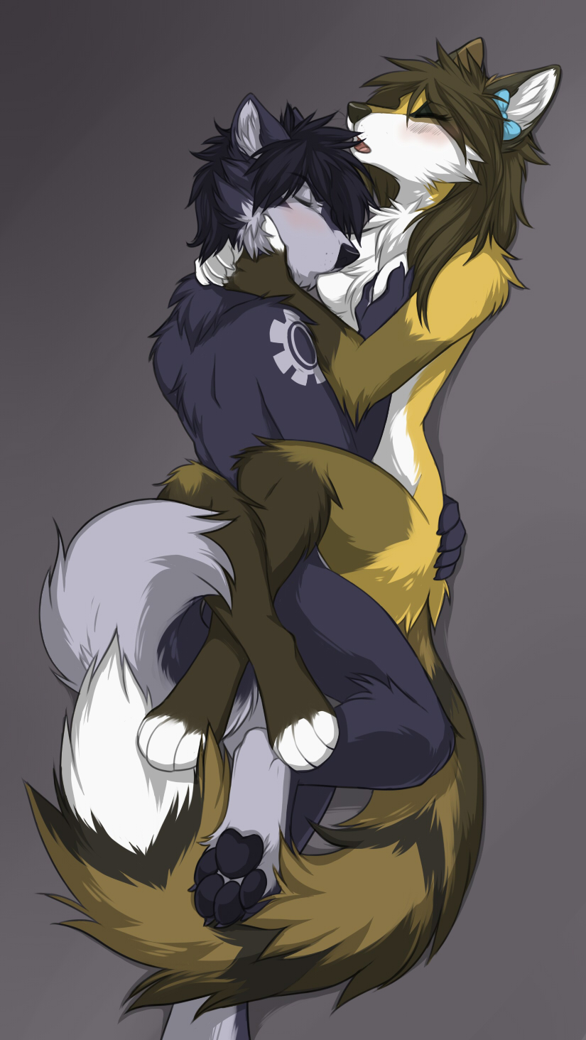 anthro blush bow breast_sucking breasts canine embrace female fluffy_tail fox fur furry holding keihound male nude sex straight tattoo topazfox wolf