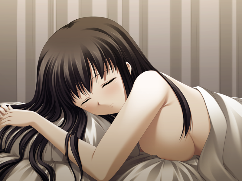 1girls akasen_gairo bed bed_sheet black_hair breast_squish breasts c-side cg closed_eyes completely_nude completely_nude_female covers curtains eroge game_cg karazaki_shizue large_breasts long_hair looking_at_viewer nude on_bed on_stomach pillow ryoumoto_ken sleeping solo