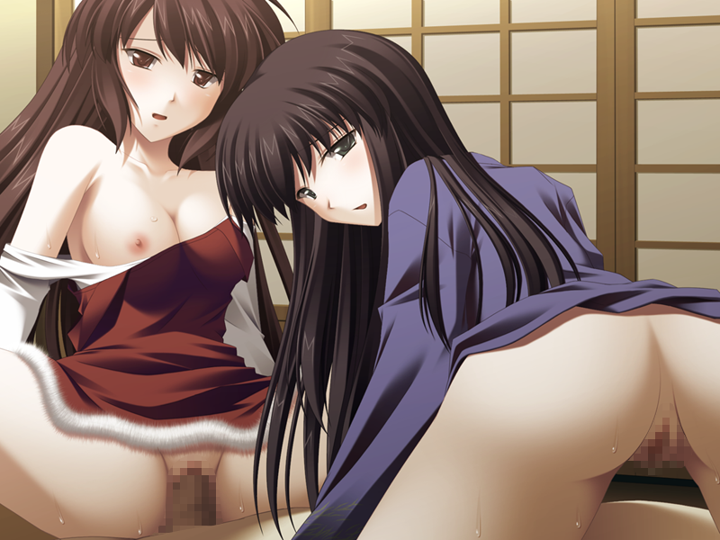 1boy 2girls akasen_gairo ass black_eyes black_hair breasts brown_hair c-side cg cowgirl_position eroge facesitting ffm_threesome game_cg japanese_clothes karazaki_shizue kimono kisaragi_masayuki kisugi_chihiro large_breasts looking_back multiple_girls open_mouth purple_kimono pussy red_eyes reverse_spitroast ryoumoto_ken sex threesome vaginal_penetration