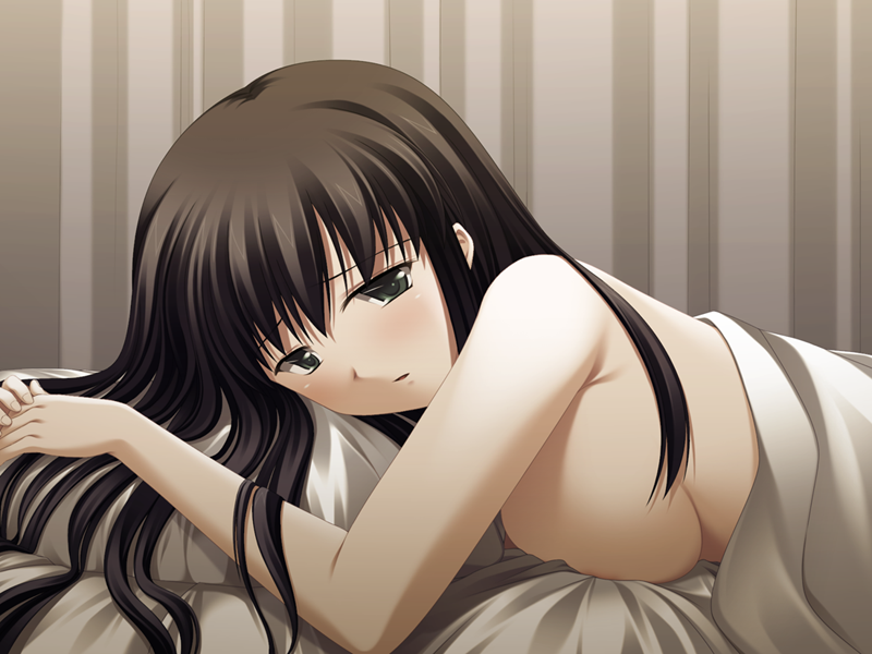 1girls akasen_gairo bed bed_sheet black_eyes black_hair breast_squish breasts c-side cg completely_nude completely_nude_female covers curtains eroge game_cg karazaki_shizue large_breasts long_hair looking_at_viewer nude on_bed on_stomach pillow ryoumoto_ken solo