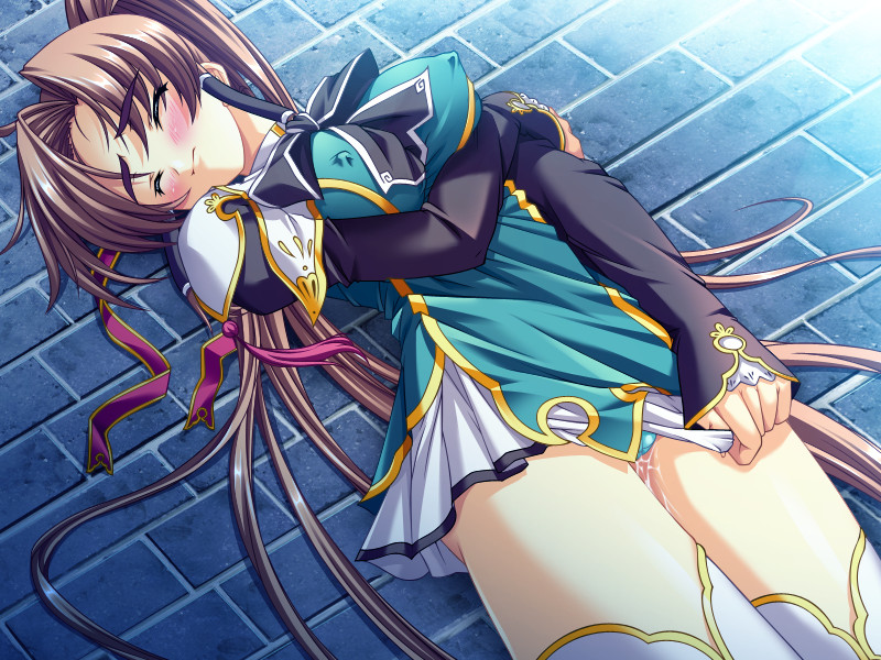 aqua_panties bachou_mouki_(koihime) bed blush brown_hair cameltoe closed_eyes embarrassed female game_cg koihime†_(series) koihime_musou long_hair panties yatsuha_kanan