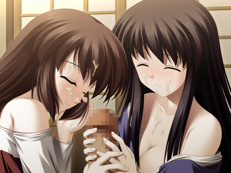 1boy 2girls akasen_gairo bare_shoulders black_hair brown_hair c-side censored cg cleavage closed_eyes collaborative_handjob cum cum_on_face eroge facial game_cg handjob japanese_clothes karazaki_shizue kimono kisugi_chihiro large_breasts long_hair multiple_girls purple_kimono ryoumoto_ken smile