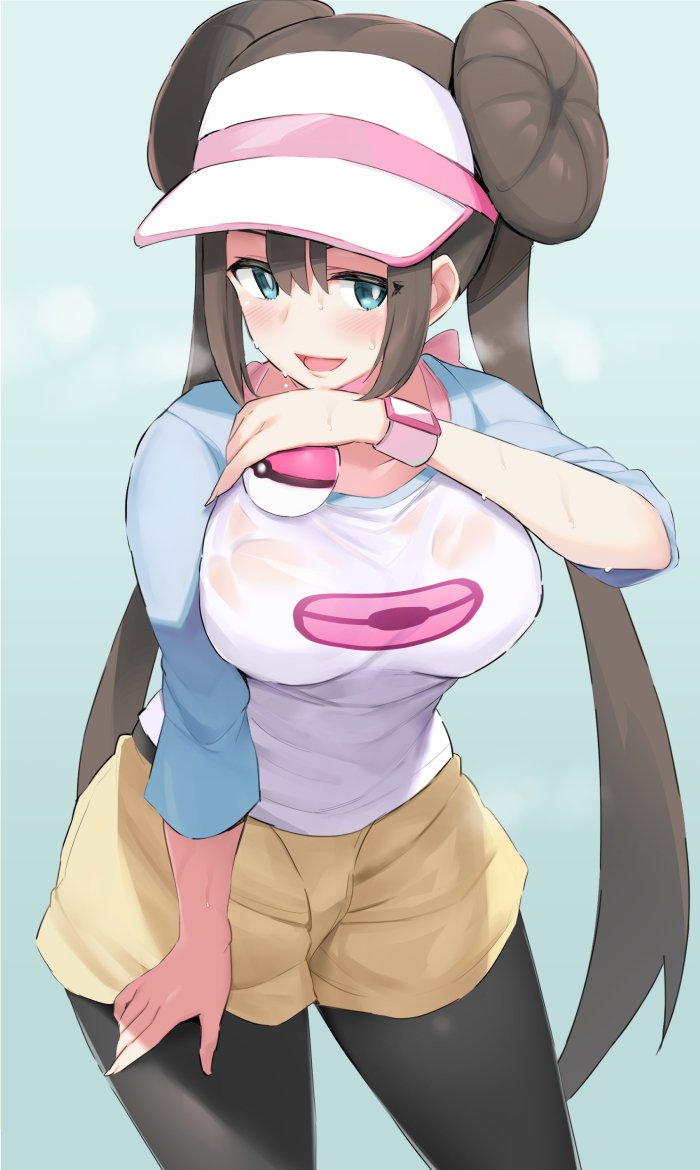 1girls, breasts, cleavage, clothed, double bun, eye contact, female, female only, heavy breathing, large breasts, looking at viewer, noripachi, pantyhose under shorts, pantyhose under skirt, pokemon, pokemon bw2, rosa (pokemon), see-through, shorts, skirt, solo, thick thighs, twintails, visor cap, wet, wet clothes, wide hips, yellow shorts, yellow skirt