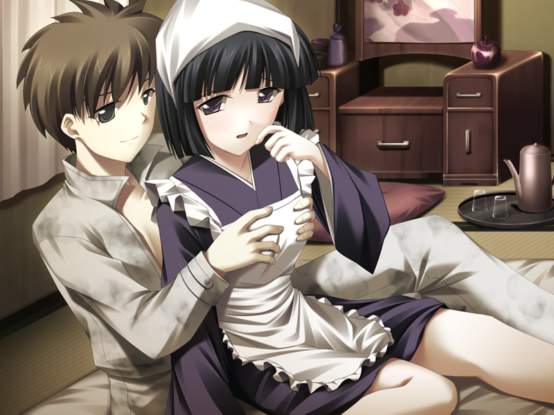 1boy 1girls akasen_gairo black_eyes black_hair breasts brown_eyes c-side cg clothed_female clothed_male eroge futon game_cg grabbing grabbing_another's_breasts grabbing_from_behind grey_shirt kisaragi_masayuki maid maid_apron maid_dress maid_headdress maid_outfit medium_breasts okonogi_fuuka ryoumoto_ken shirt short_hair sitting