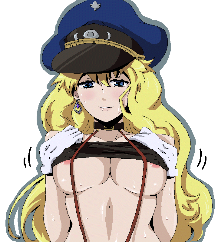 bandeau blonde_hair blue_eyes blush breasts choker clothing gloves hat large_breasts macross macross_frontier nipples peaked_cap pointy_chin sheryl_nome shitapai sima smile suspenders tubetop underboob