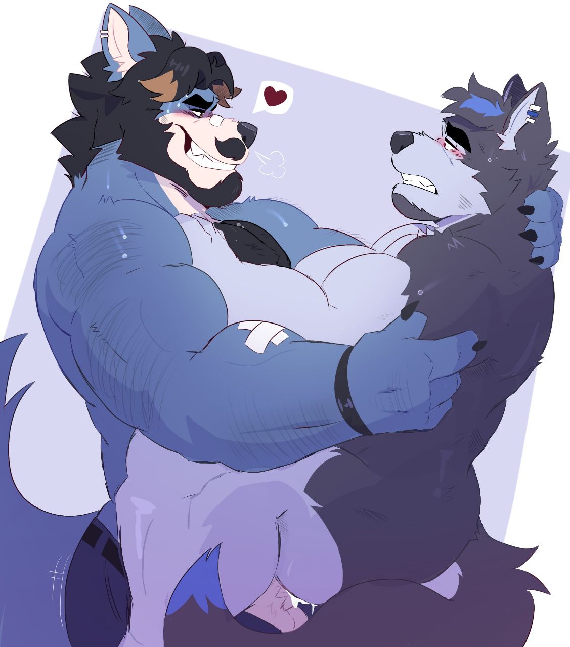 2023 akita anal anal_sex anthro balls bandage beard blue_body blue_fur blush bodily_fluids breath canid canine canis carrying_another carrying_partner clenched_teeth clothed clothed/nude clothing cum cum_in_ass cum_inside domestic_dog duo eye_contact facial_hair from_front_position fur genital_fluids genitals heart hi_res husky looking_at_another male male/male male_penetrated male_penetrating male_penetrating_male mammal moustache mrpandhew muscular muscular_male nordic_sled_dog nude penetration penile penile_penetration penis sex spitz stand_and_carry_position standing standing_sex sweat teeth wolf