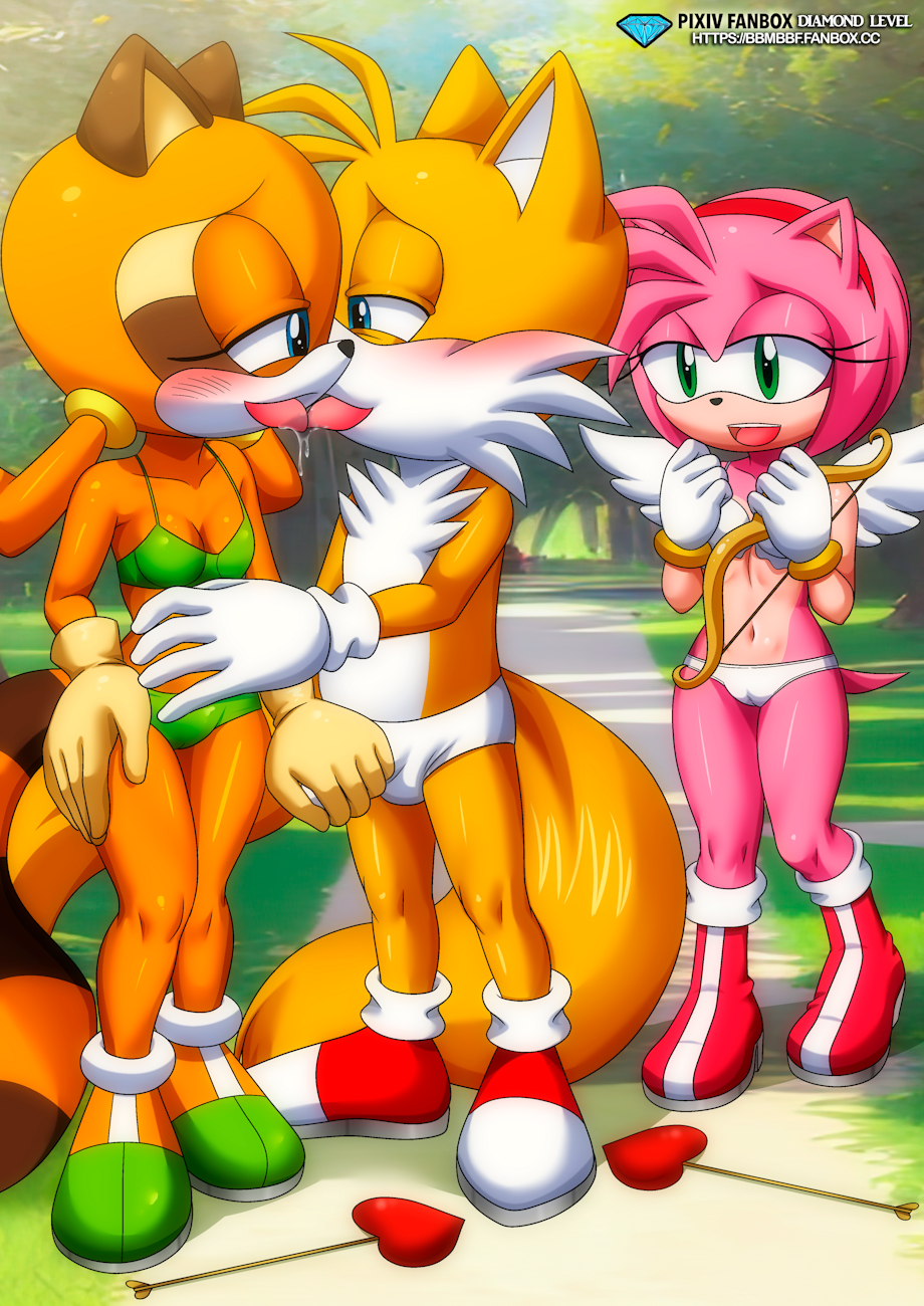 1boy 2girls amy_rose bbmbbf bulge cupid diamond_level erection_under_clothes grabbing_penis marine_the_raccoon mobius_unleashed multiple_tails palcomix pietro's_secret_club sega sonic_(series) sonic_the_hedgehog_(series) tails tails_the_fox underwear