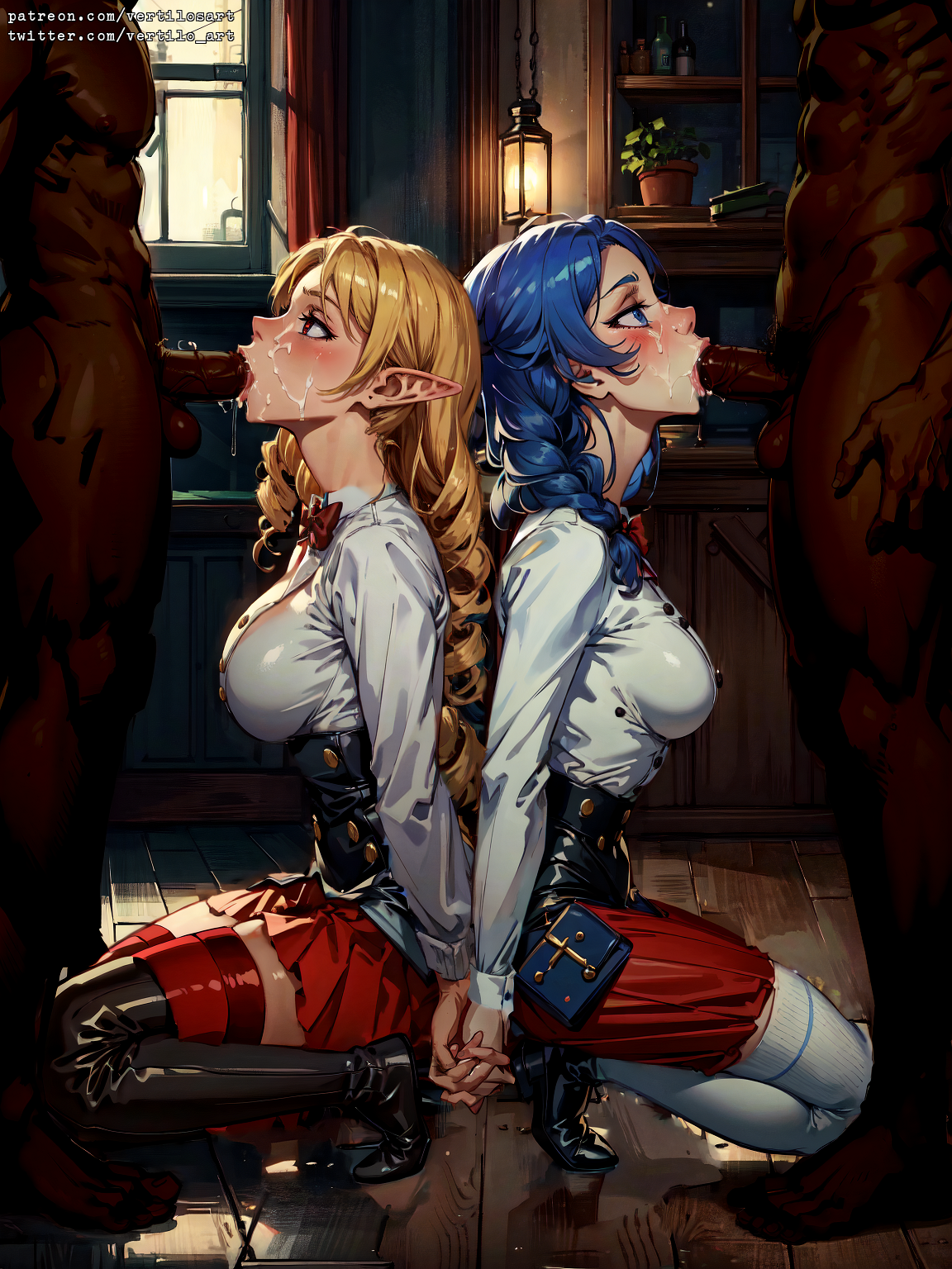 2boys, 2girls, ai generated, back to back, black-skinned male, bustier, clothed female nude male, dark skin, dark-skinned male, double blowjob, double fellatio, elinalise dragonroad, fellatio, female, female penetrated, holding hands, hourglass figure, interracial, intertwined fingers, kneeling, kneeling blowjob, kneeling female, kneeling oral position, light skin, light-skinned female, male, miniskirt, multiple boys, multiple females, multiple girls, multiple males, mushoku tensei, on knees, oral, penis, pointy ears, roxy migurdia, secretly loves it, submissive female, vertiloart