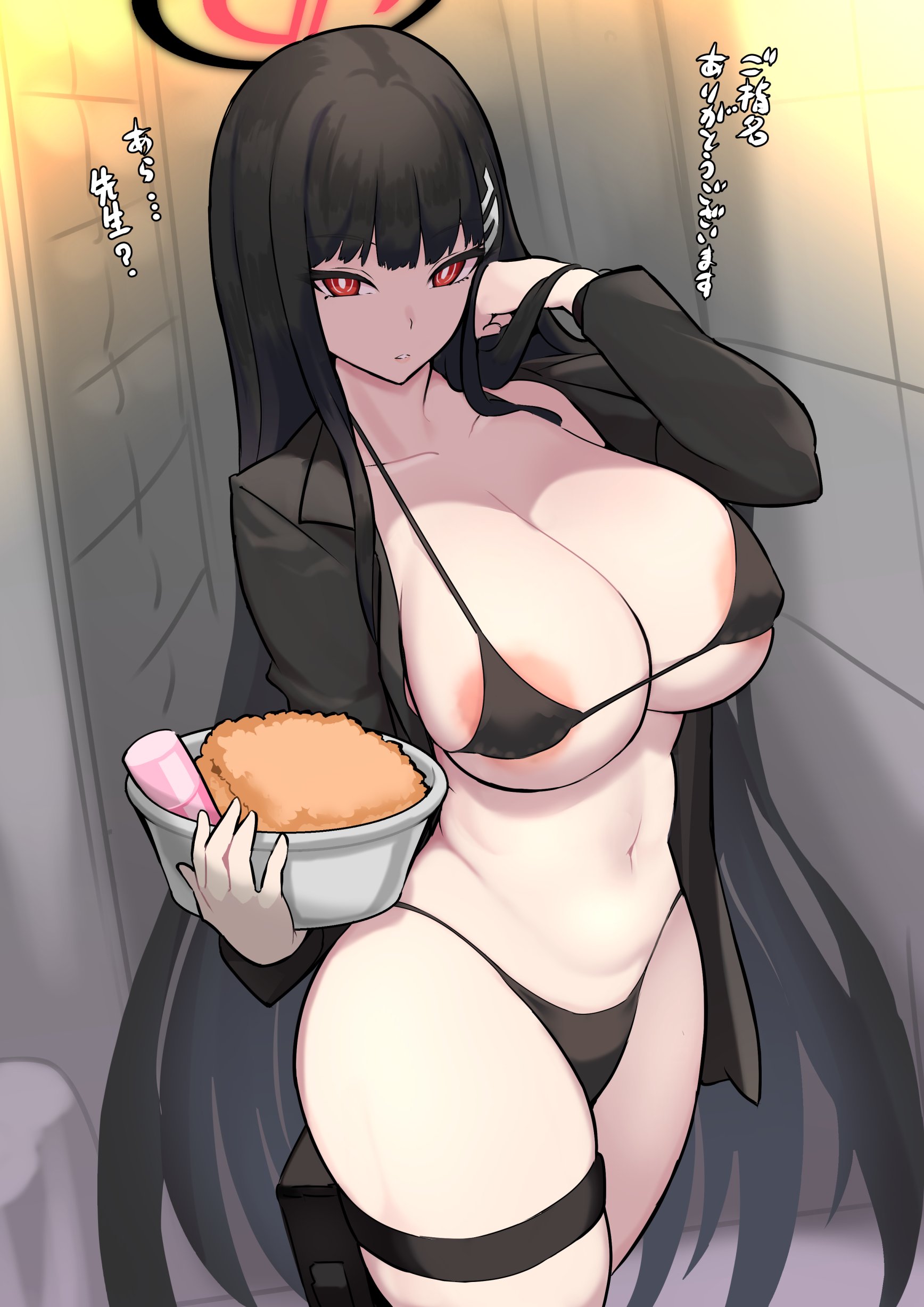 1girls, bikini, black hair, blue archive, breasts, female, female only, hi res, holding object, huge breasts, light skin, light-skinned female, long hair, looking at viewer, millennium science school student, nac000, red eyes, rio (blue archive), seminar (blue archive), thighs, white pupils