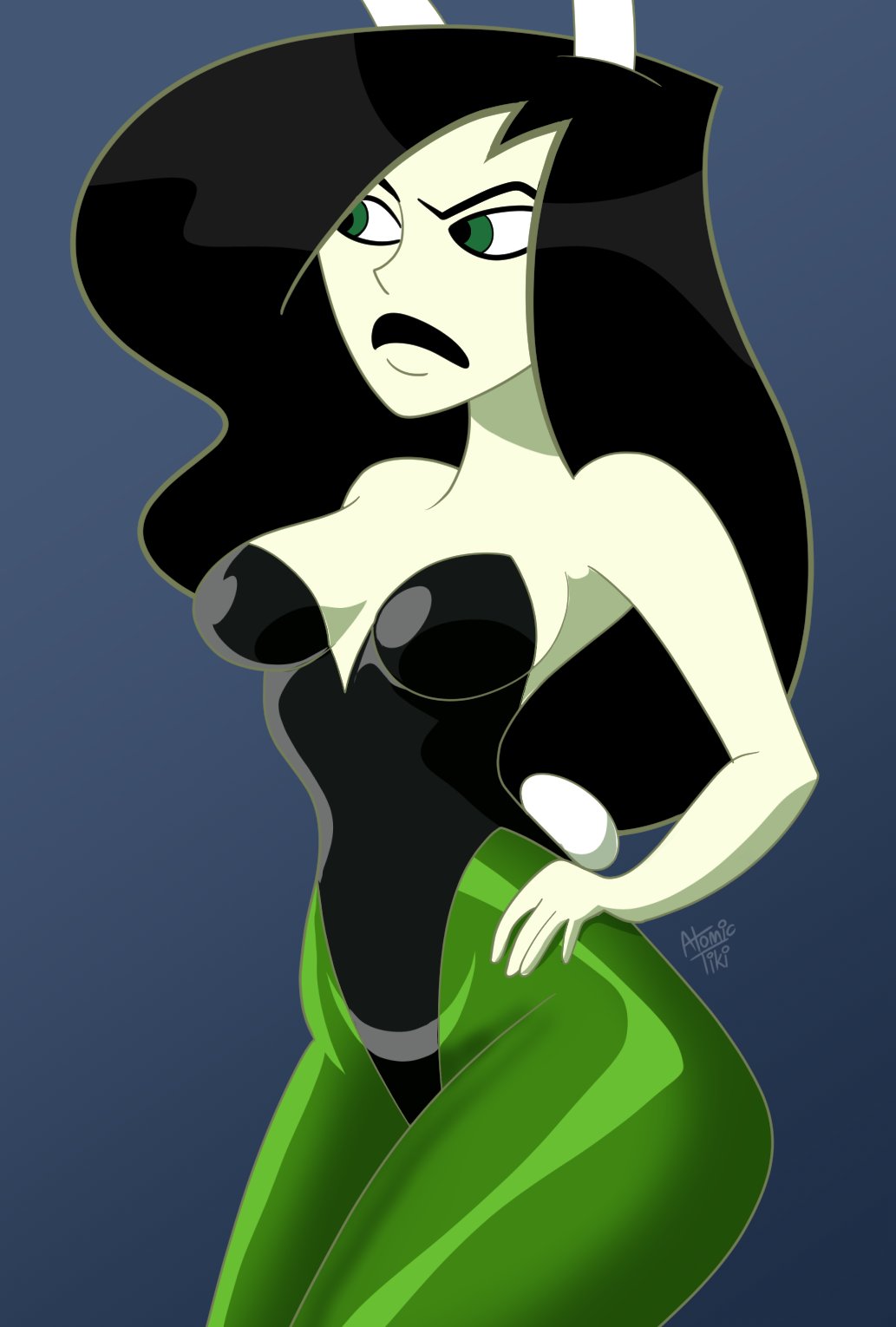 alternate_costume atomictiki breasts cleavage disney disney_channel female female_only fully_clothed kim_possible revealing_clothes shego shiny_clothes solo tight_clothing