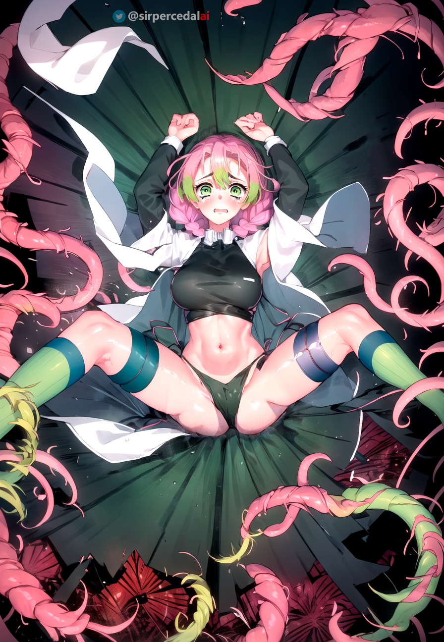 ai_generated arms_up blush cameltoe crop_top demon_slayer green_eyes imminent_tentacle_rape kanroji_mitsuri kimetsu_no_yaiba kneehighs pink_hair side-tie_panties sirpercedalai spread_legs tagme tentacle tentacle_rape thigh_straps