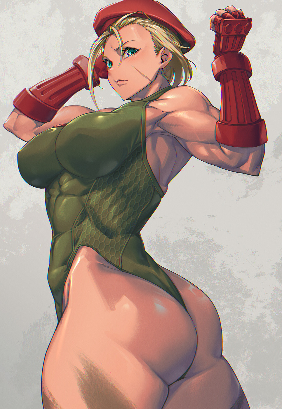 1girls armpits ass beret blonde_hair blue_eyes blush breasts cammy_white capcom gauntlets grey_background large_ass large_breasts leotard looking_at_viewer mikel_bk muscular muscular_female simple_background skin_tight solo street_fighter thick_thighs