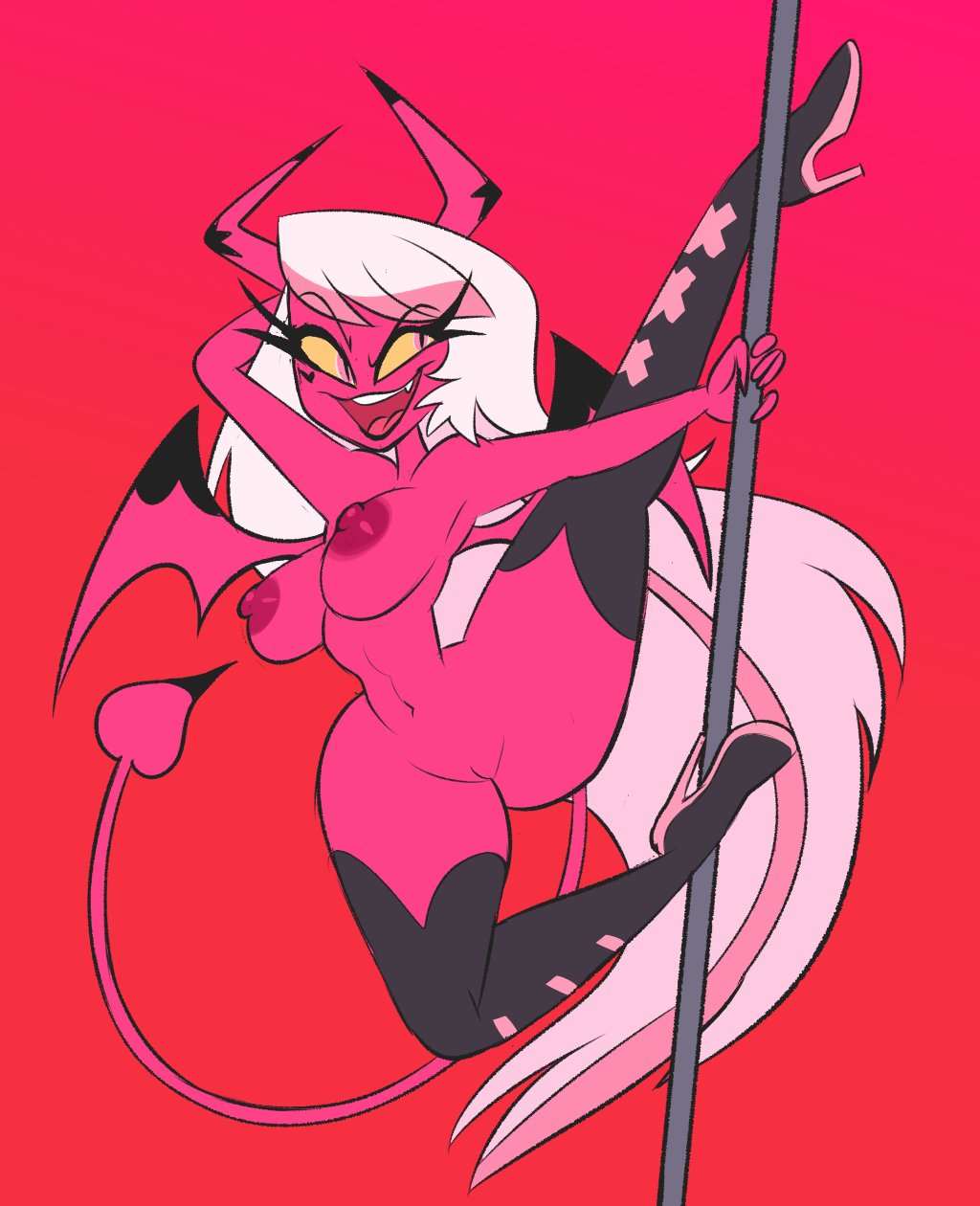 accurate_art_style big_breasts breasts dancing demon demon_humanoid female genitals helluva_boss hi_res humanoid open_mouth open_smile pink_eyes pixelzsinful pole pole_dancing pussy simple_background smile solo succubus teeth thick_thighs tongue verosika_mayday_(helluva_boss) wings