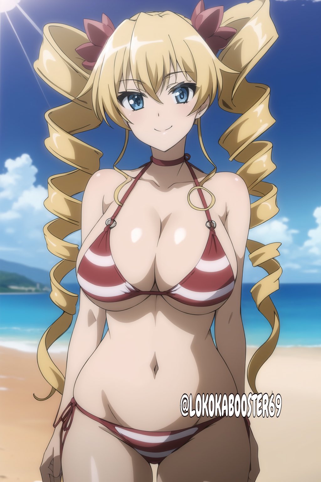 1girls ai_generated beach big_breasts bikini blonde_hair blue_eyes breasts busty child_bearing_hips claire_harvey cleavage drill_hair female female_only hundred legs looking_at_viewer navel ocean smile solo thighs twin_drills voluptuous water