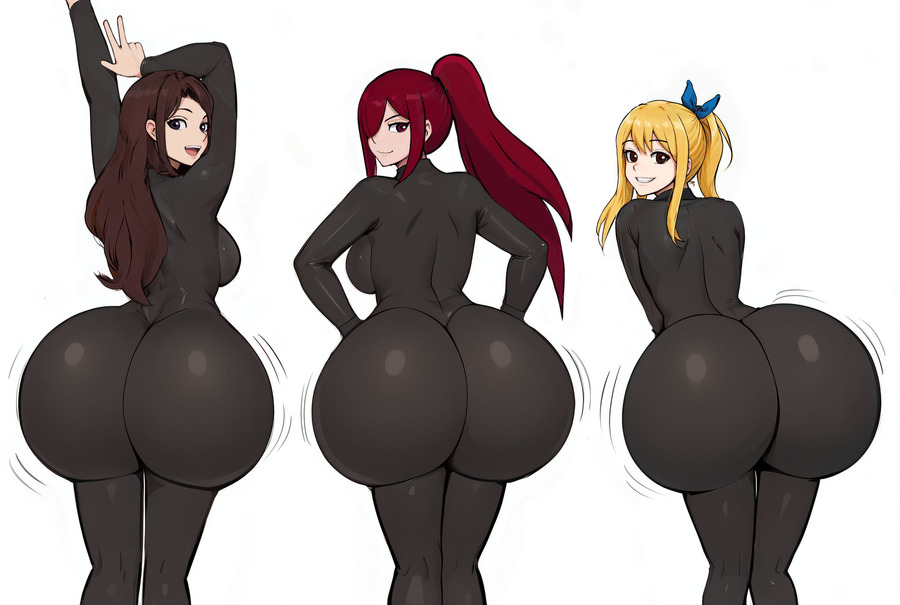 2023 3_bodysuits 3girls ass_body ass_jiggle ass_wobble big_ass blonde_hair bodysuit brown_hair bubble_butt cana_alberona clothing erza_scarlet fairy_tail female female_focus female_only huge_ass jiggle_butt_gang jiggling_ass looking_at_viewer looking_back lucy_heartfilia monkechrome monochrome_ai multiple_girls ponytail posing red_hair skin_tight smile smiling smiling_at_viewer standing wobbling_ass