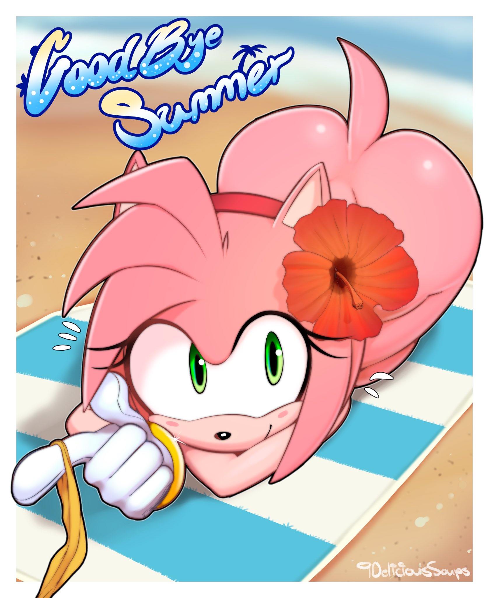 amy rose, ass, bubble ass, bubble butt, delicioussoup, female, female focus, female only, green eyes, looking at viewer, lying, lying on stomach, pink fur, pink hair, sega, solo, sonic (series), sonic the hedgehog (series)