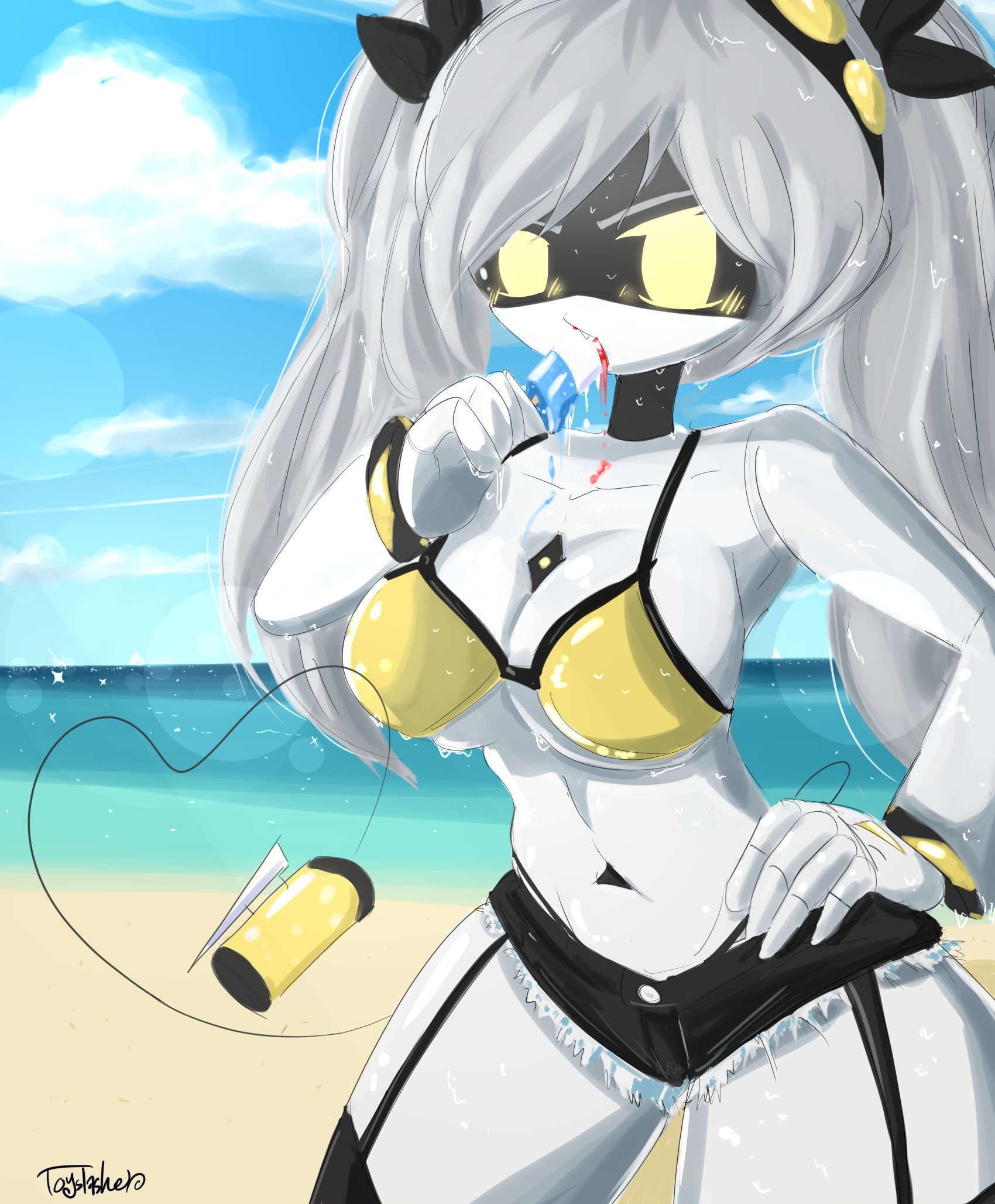 1girls, 2d, beach, bikini top, booty shorts, female, female only, garter straps, glitch productions, j (murder drones), murder drones, popsicle, popsicle in mouth, robot, robot girl, robot humanoid, solo, sweat, tagme, tail, toyslasher