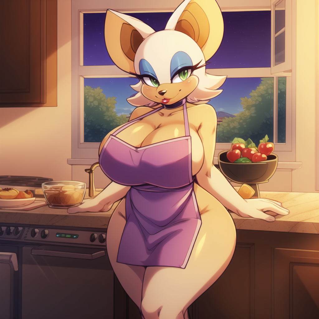 ai generated, anthro, apron, apron only, bat, big breasts, breasts, cheek tuft, chiropteran, cleavage, female, forest, furry, furry female, green eyes, kitchen, large breasts, leaf, leaves, mammal, night, night sky, orange body, rouge the bat, sonic (series), sonic the hedgehog (series), stable diffusion, thick thighs, thighs, tree, trees, white hair, wide hips, window