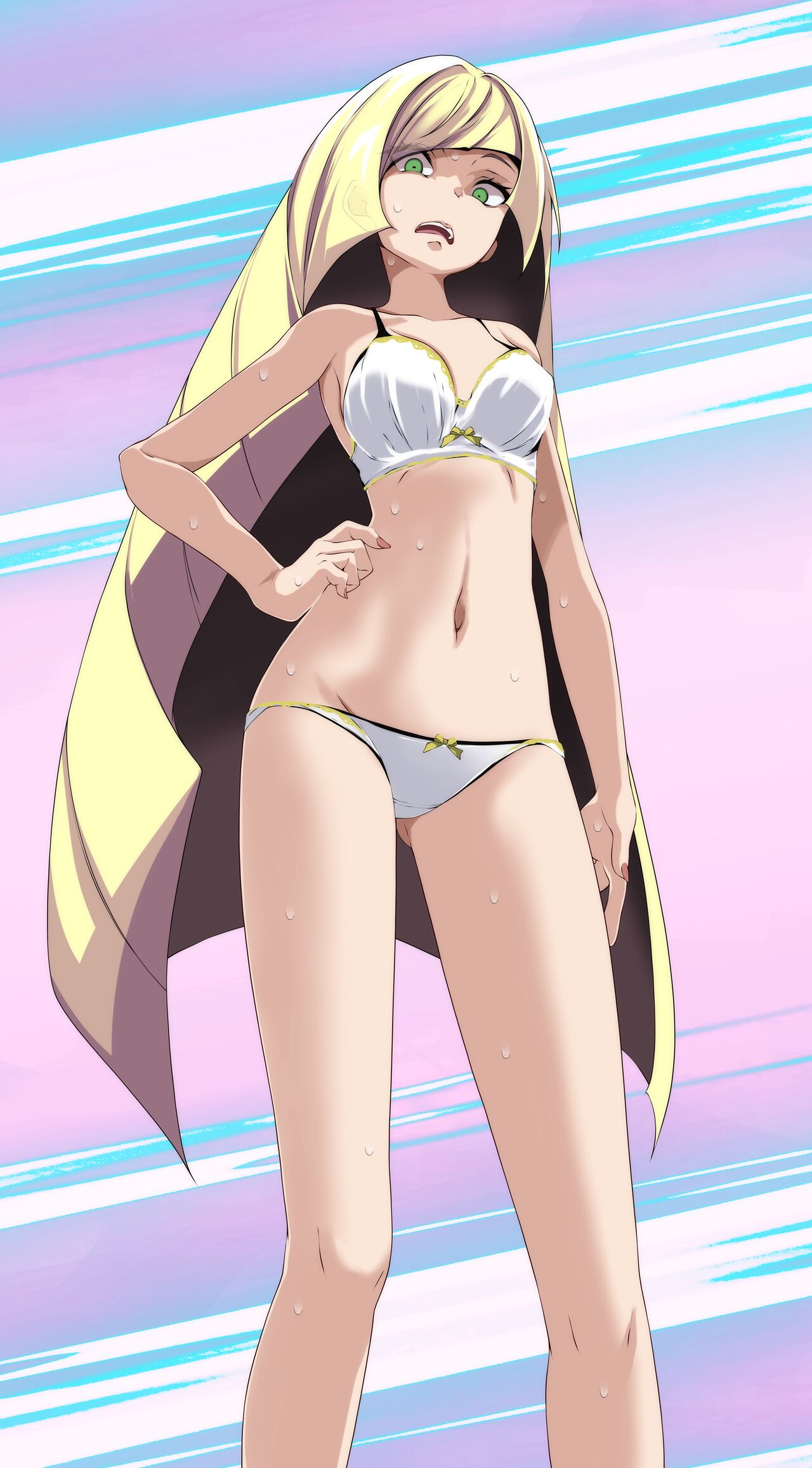 1girls, blonde hair, blunt bangs, bow bra, bow panties, bra, breasts, clothing, female, gold trim, green eyes, hand on hip, long hair, looking at viewer, low-angle view, lusamine (pokemon), matching underwear, motion lines, nail polish, navel, open mouth, panties, pink background, pokemon, scared, sweat, tsukishiro saika, underwear, white bra, white panties