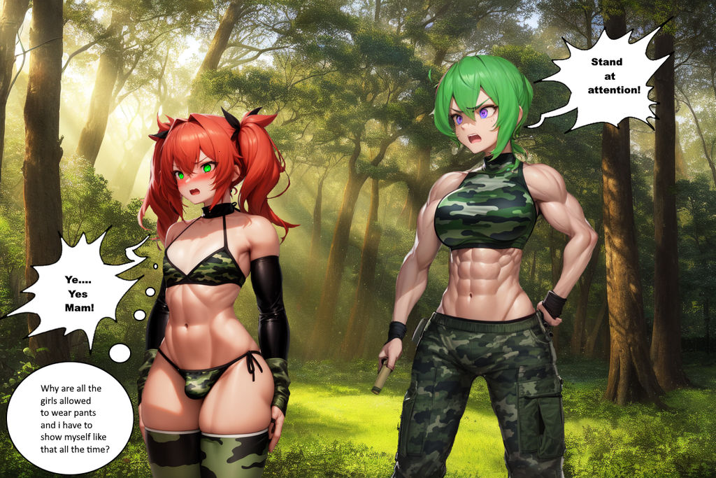 ai generated, androgynous, army, army bikini, army uniform, bulge, crossdressing, crossdressing male, curvy figure, dominant female, domination, female, femboy, forced, forced feminization, green hair, half naked, male, red hair, submissive male, trap