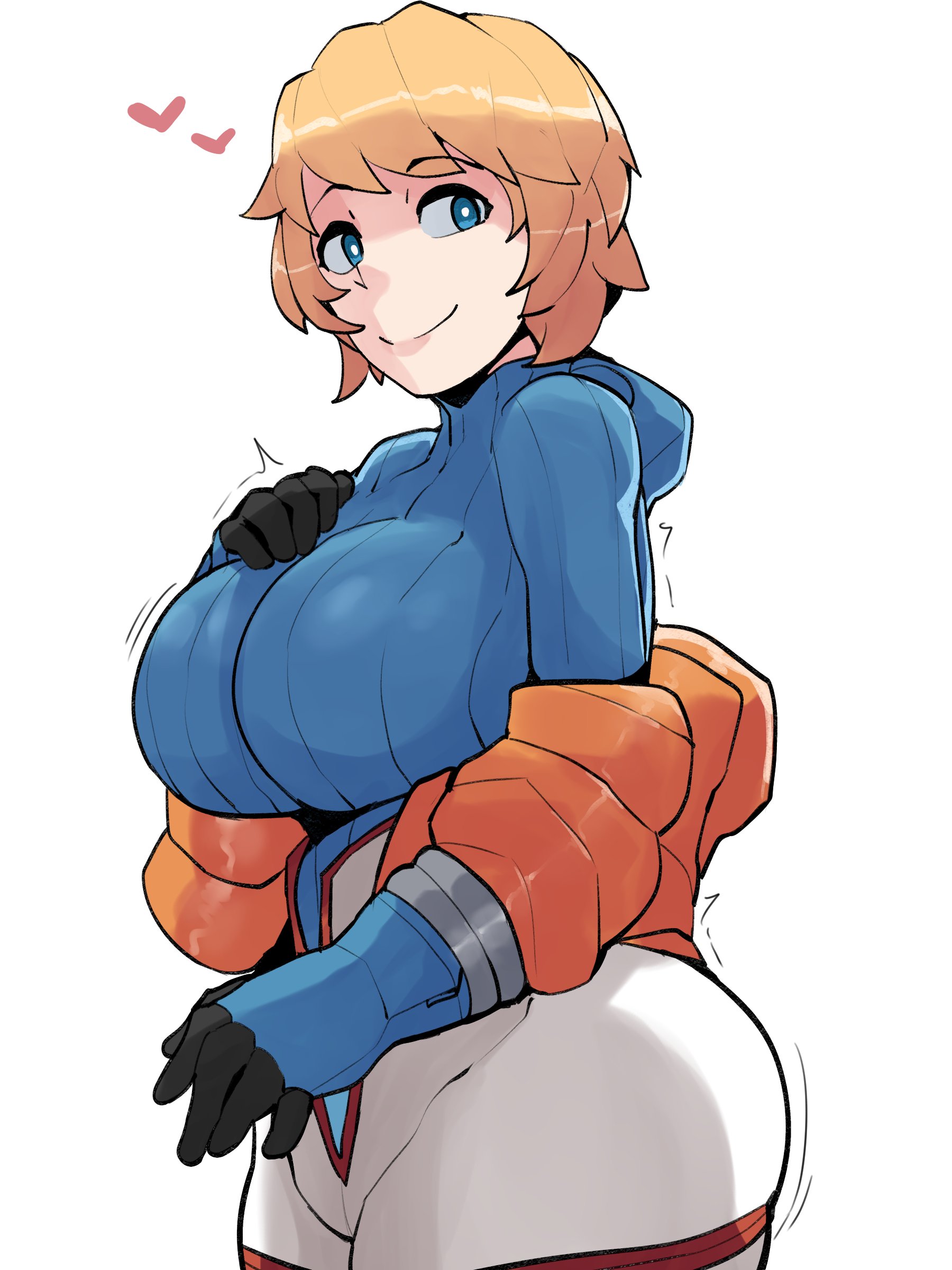 1girls, apex legends, ass expansion, big breasts, blonde hair, blue eyes, blush, bodysuit, breast expansion, breast growth, breast growth (enlargement), breasts, eyebrows visible through hair, female, female only, gloves, growth, horu, huge breasts, light skin, light-skinned female, looking at another, looking at viewer, short hair, simple background, solo, thick, thick legs, thick thighs, thighs, tight clothes, tight clothing, turtleneck, turtleneck sweater, wattson (apex legends), wide hips, yellow hair