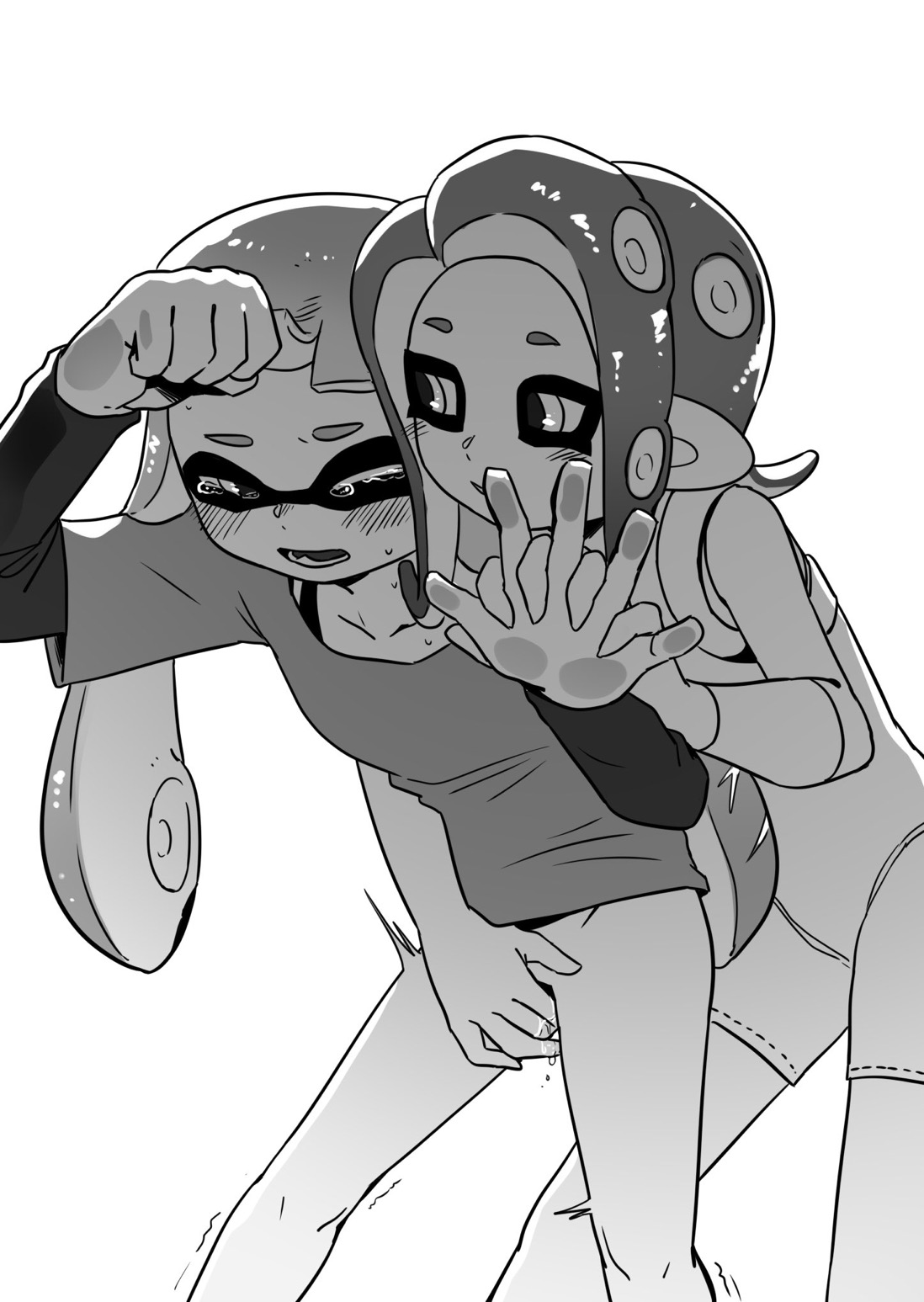agent 3 (splatoon), agent 8 (splatoon), bodily fluids, female, fingering, hand holding, splatoon, yuri