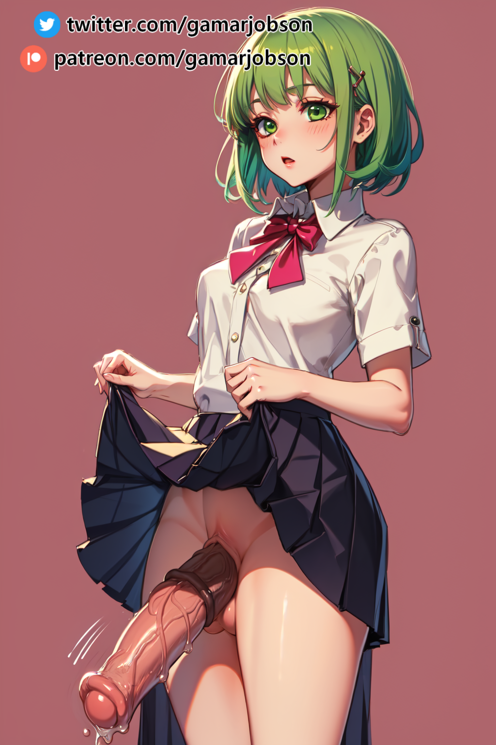 1futa ai_generated balls blush blushing blushing_at_viewer dickgirl flaccid_penis futa_only futanari gamarjobson goggles goggles_on_head green_eyes green_hair gumi hi_res horse_penis horsecock horsecock_futanari lifting_skirt looking_at_viewer megpoid megpoid_gumi patreon seductive small_balls solo_futa thighs vocaloid