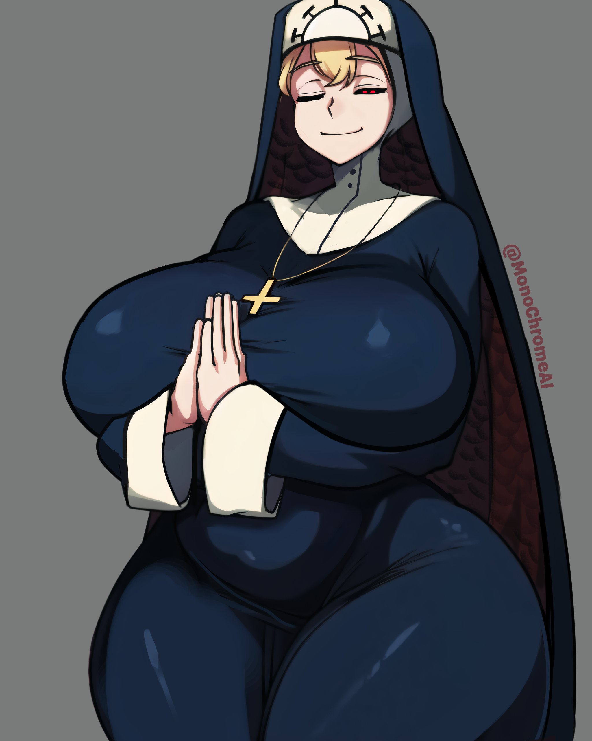ai generated, big breasts, blonde hair, breasts, double (skullgirls), female, lab zero games, looking at viewer, monkechrome, monochrome ai, nun, nun outfit, praying, red eyes, skullgirls, small waist, smile, smiling, smiling at viewer, thick thighs, white skin