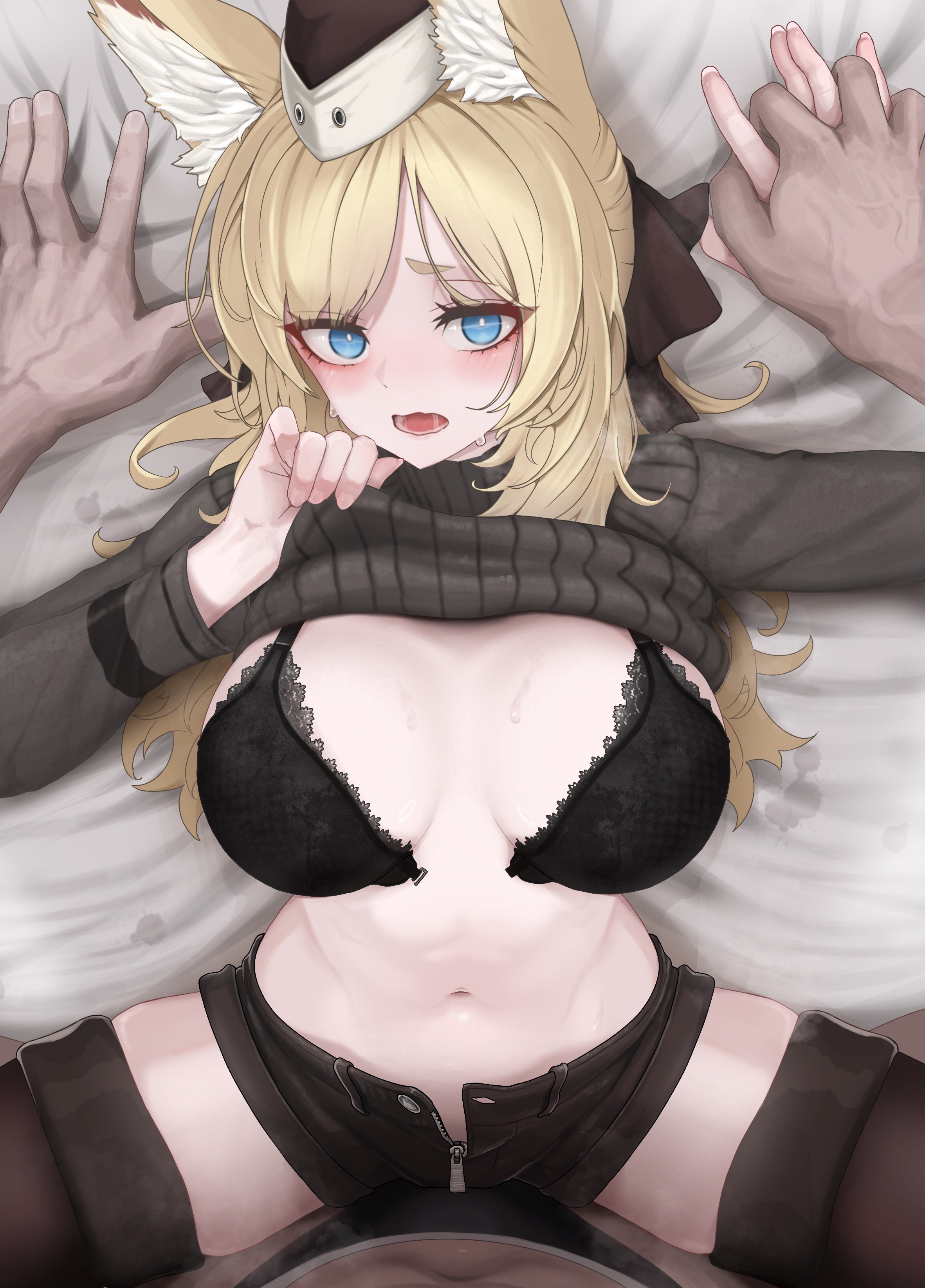 1boy, 1girls, 2023, animal ears, arknights, blonde hair, blue eyes, blush, bra, dark skin, dark-skinned male, female, hat, hi res, horse ears, horse girl, interracial, kemonomimi, legs apart, light skin, light-skinned female, looking at viewer, lying, lying on back, male, mildt, open mouth, spread legs, sweater, sweater lift, thighhighs, whislash (arknights)