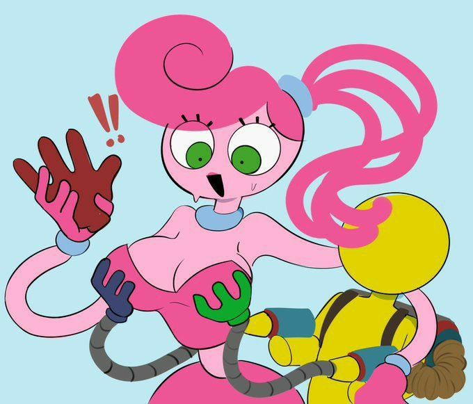 anonymous character, big breasts, breasts, female, green eyes, groping, groping breasts, groping from behind, mommy long legs, pink body, pink hair, pink skin, player, poppy playtime, protagonist (poppy playtime)