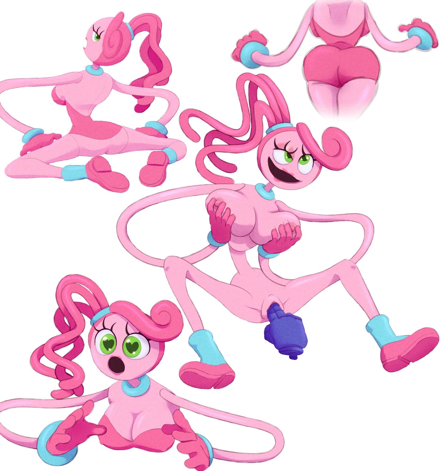 green eyes, mommy long legs, pink body, pink hair, pink skin, poppy playtime