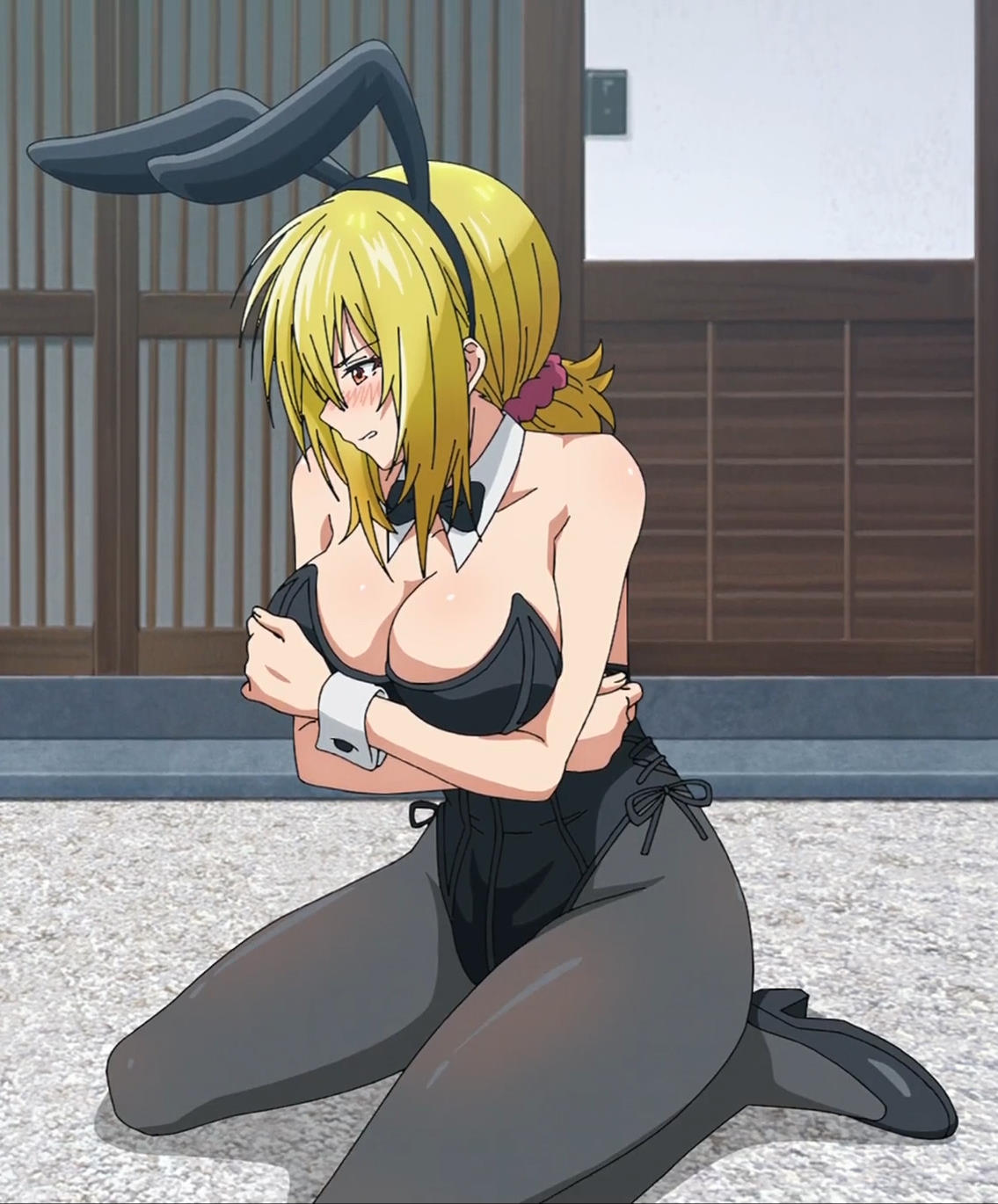 1girls aoba_tsukuyo blonde_hair blush breasts bunny_ears bunnysuit cleavage hips large_breasts orange_eyes screencap tenpuru thick_thighs thighs