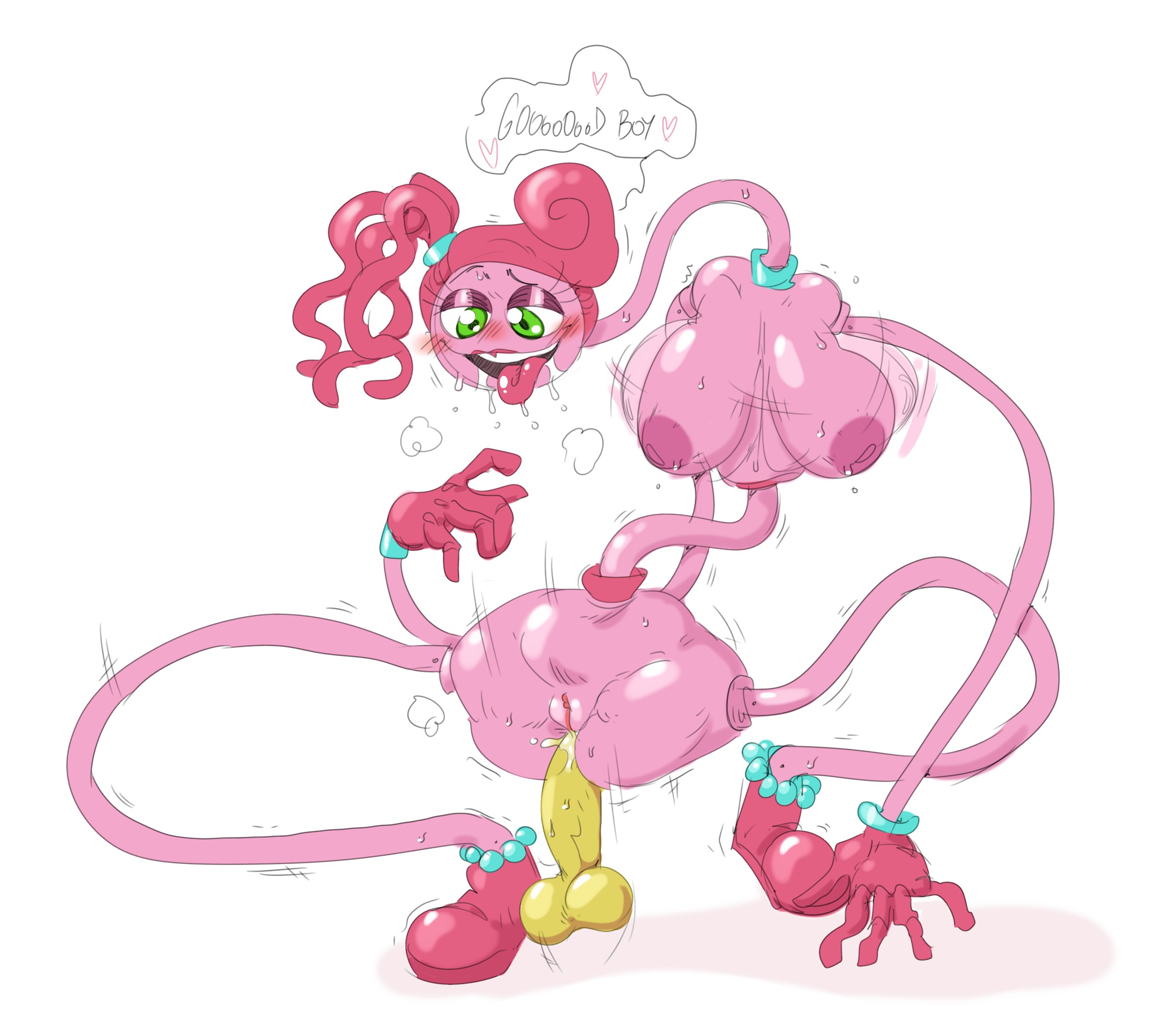 ass, big breasts, breasts, disembodied penis, female, green eyes, large ass, male, mhdrawin, mommy long legs, penis, pink hair, pink skin, player, poppy playtime, protagonist (poppy playtime), sex, straight