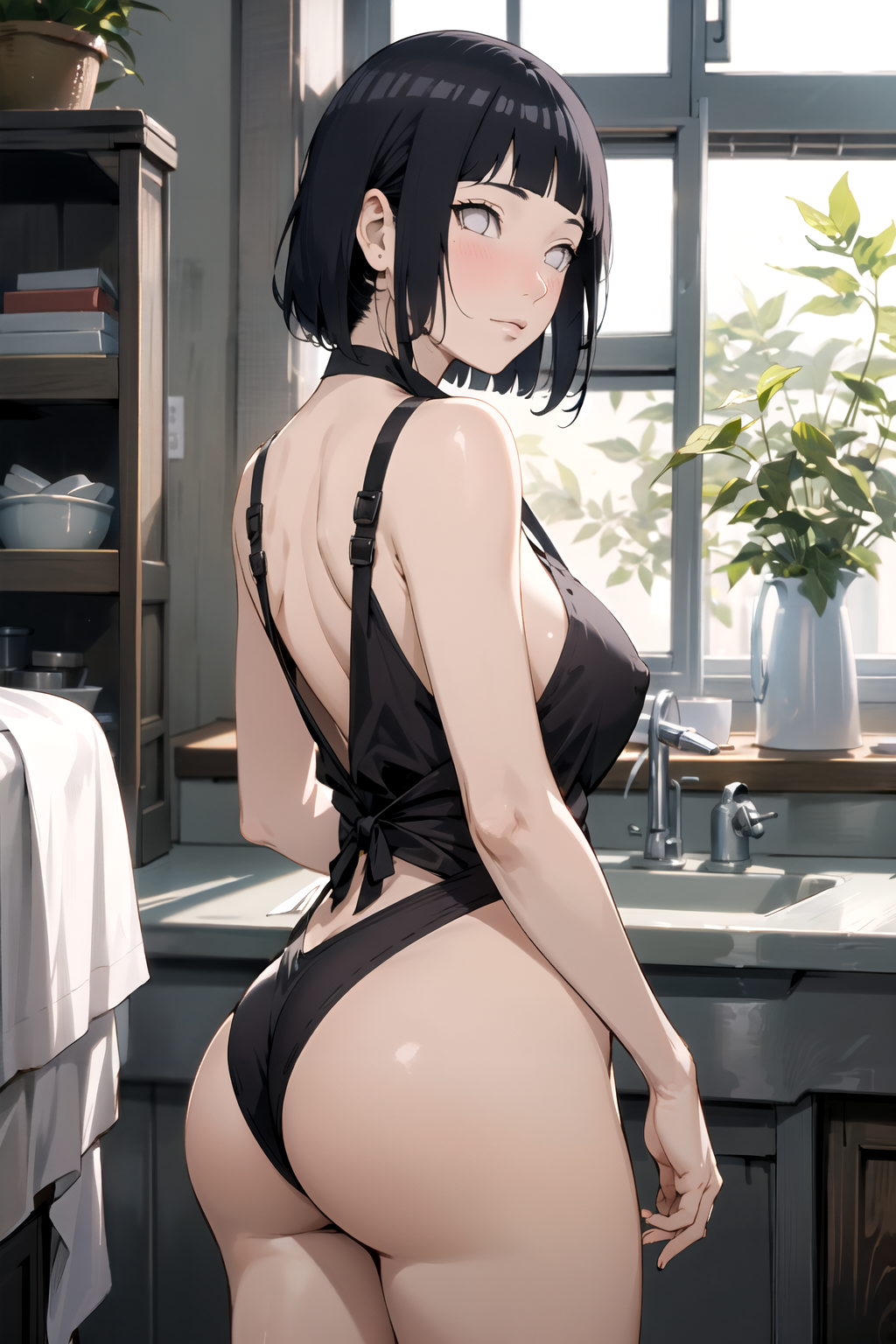 1girls ai_generated ass ass big_ass big_breasts big_butt blush blushing_at_viewer boruto:_naruto_next_generations breasts from_behind from_behind_position hyuuga_hinata kitchen looking_at_viewer luminork milf mother naruto naruto_(series) short_hair solo solo_female solo_focus