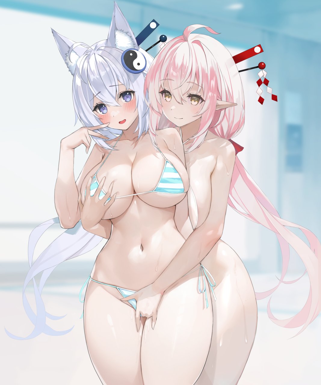 2girls ahoge animal_ear_fluff bikini blush blush_stickers cowboy_shot embarrassed finger_on_cheek fondling_pussy fox_ears groping_from_behind hair_ornament huge_breasts light_blue_hair light_brown_eyes multiple_girls nakamura_nagare naughty_face navel nervous_smile nude open_mouth pink_hair pointy_ears pussy_juice red_and_blue skindentation slender_waist smile stimulation sweatdrop thick_thighs touching_pussy very_long_hair wide_hips yin_yang yuri