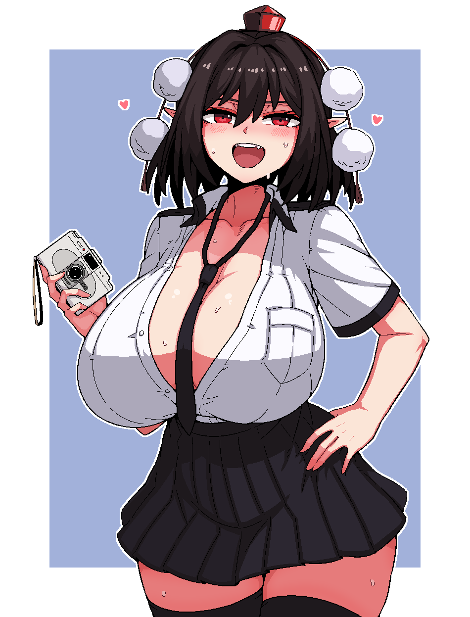 alternate_breast_size big_breasts black_hair black_necktie black_skirt black_thighhighs breasts camera cleavage collared_shirt cowboy_shot formicid grey_background hand_on_own_hip hat heart hearts_around_head holding holding_camera huge_breasts looking_at_viewer necktie open_mouth pleated_skirt pointy_ears pom_pom_(clothes) red_eyes red_headwear school_uniform schoolgirl shameimaru_aya shirt short_hair short_sleeves skirt solo sweat thighhighs tokin_hat touhou white_shirt