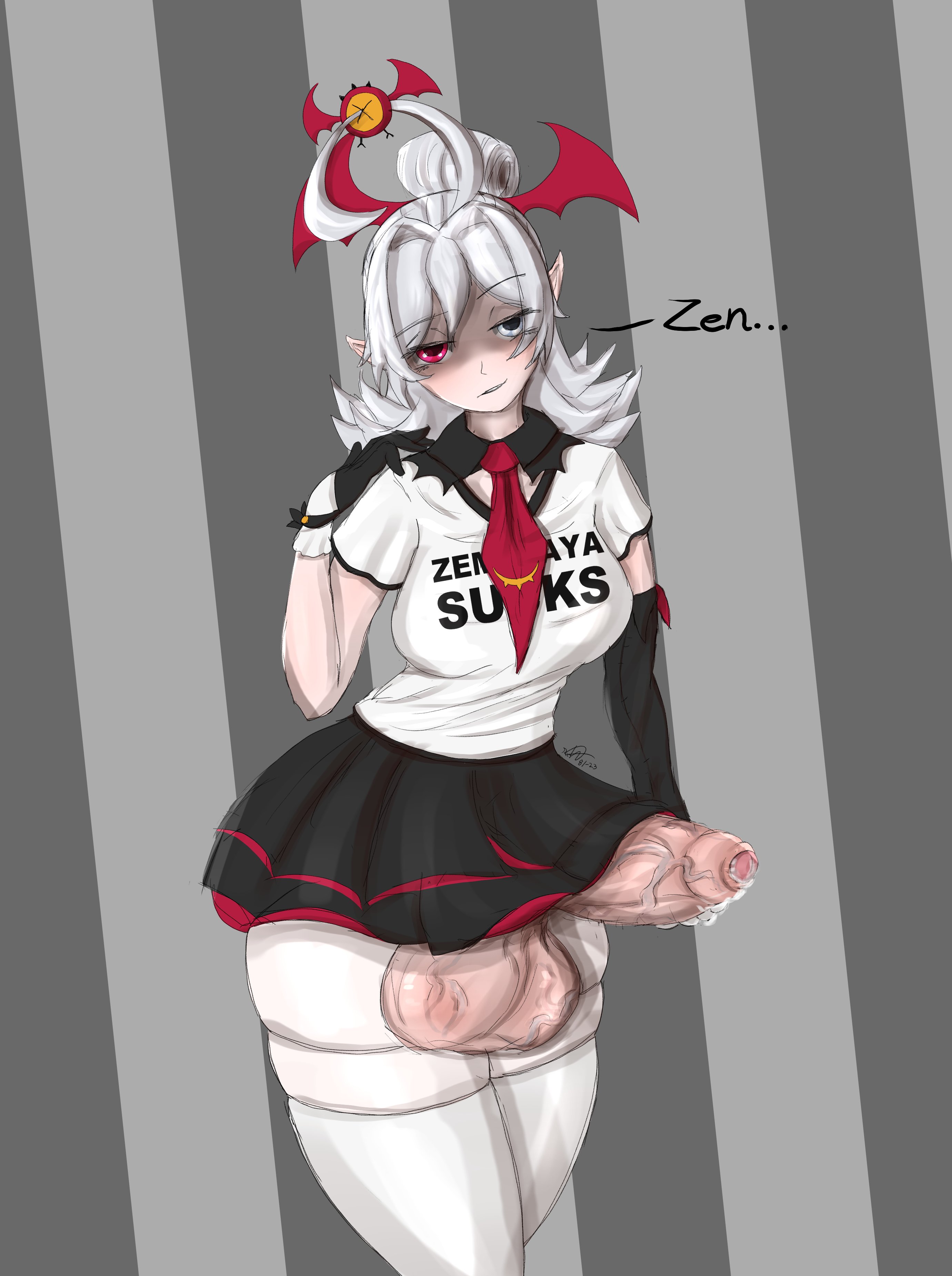 1futa, ahoge, artist initials, balls, big balls, big penis, bottomless, breasts, clothed, clothed futa, clothing, erection, erection under clothes, erection under skirt, foreskin, futa only, futanari, geega, heterochromia, huge balls, huge cock, humanoid, humanoid penis, intersex, large penis, light skin, light-skinned futa, mostly clothed, partially retracted foreskin, penis, retracted foreskin, riskiruski, skirt, solo, standing, testicles, thick thighs, thighhighs, twitch, uncircumcised, uncut, veiny balls, veiny penis, veiny testicles, veryriski, virtual youtuber, vshojo, white hair