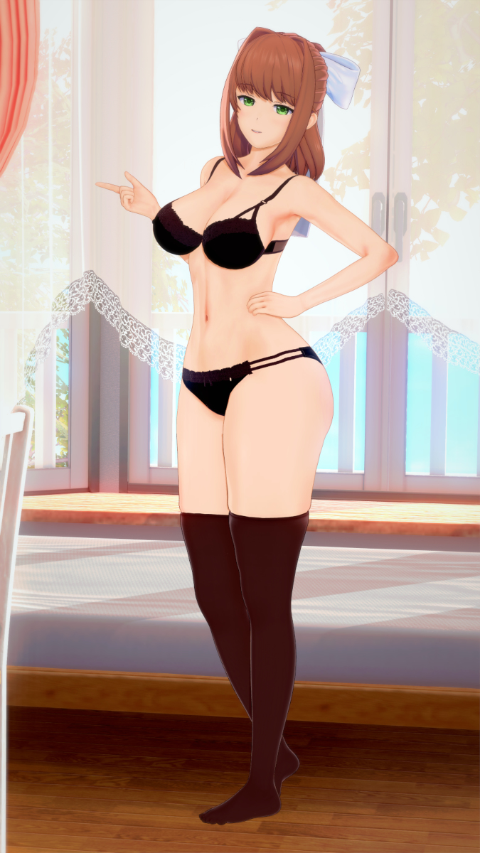 bow, brown hair, doki doki literature club, female, green eyes, lingerie, monika (doki doki literature club), ponytail, stockings, white bow, wholesome