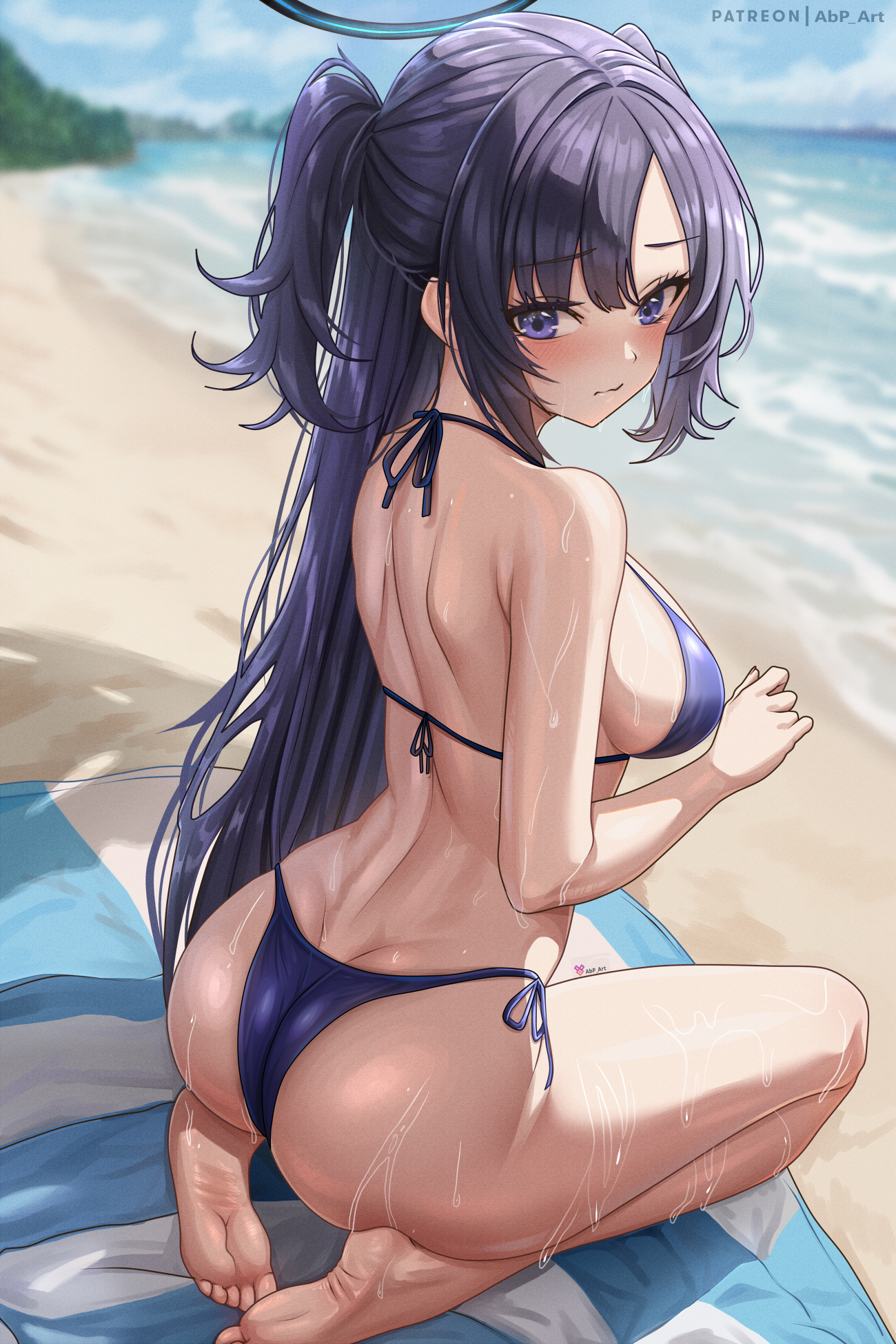 1girls, abp art, ass, bikini, blue archive, blue eyes, blue hair, blush, breasts, female, female only, halo, hi res, large ass, large breasts, long hair, millennium science school student, outdoors, purple bikini, purple hair, seminar (blue archive), thick thighs, yuuka (blue archive)