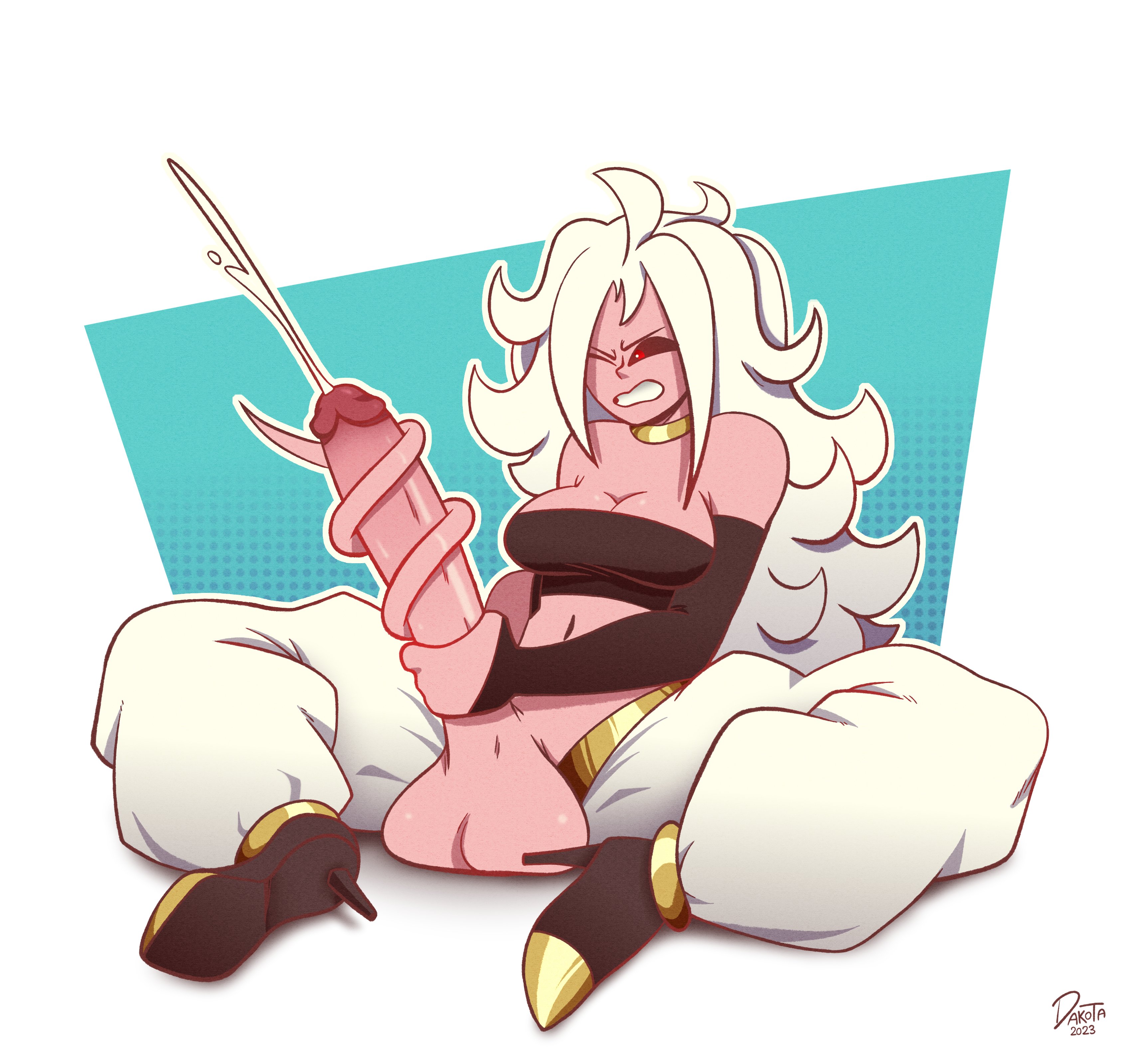 1futa, android 21, balls, big breasts, black eyes, bodily fluids, breasts, clothed, clothing, cum, dakota018, dragon ball, dragon ball fighterz, erection, futa only, futanari, handjob, high heels, huge balls, huge cock, humanoid, humanoid penis, intersex, majin android 21, masturbation, mostly clothed, penis, pink body, simple background, smooth balls, smooth penis, solo, tail, white hair