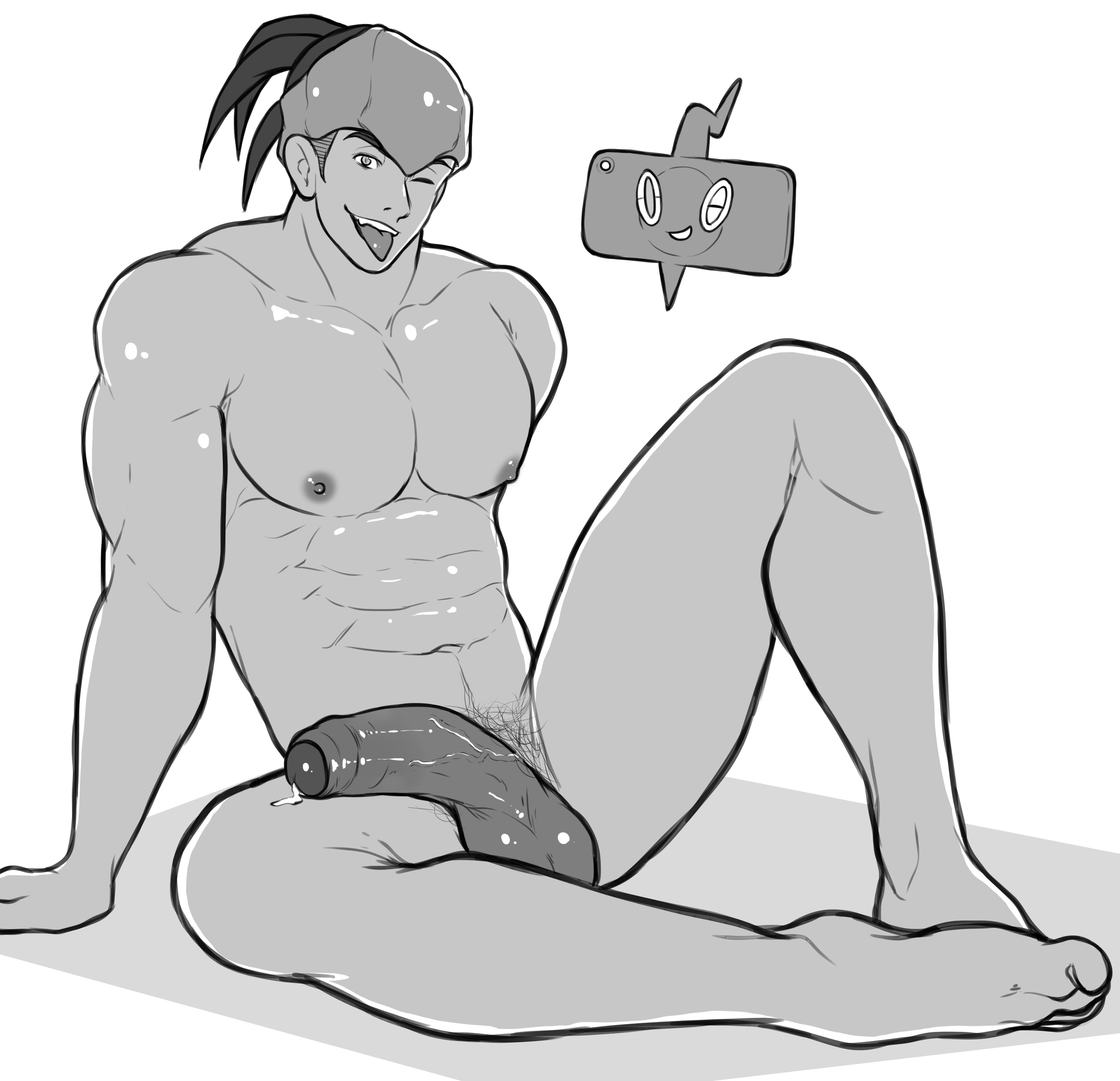 1boy, abs, balls, ballsack, bara, big pecs, big penis, black and white, dark penis, dark skin, dark-skinned male, flaccid, foreskin, half-erect, hoybarartist, human, looking at viewer, male, male nipples, male only, male pubic hair, monochrome, muscular, muscular arms, muscular male, nipples, nude, nude male, partially retracted foreskin, pecs, penis, pokemon, pokemon ss, precum, precum on self, pubic hair, raihan (pokemon), retracted foreskin, scrotum, sitting on floor, smooth skin, smooth skinned male, solo, testicles, tongue, tongue out, uncircumcised, uncut, veiny penis, winking at viewer, yaoi
