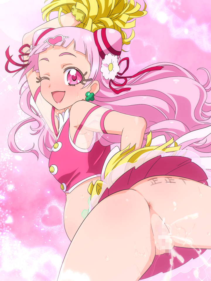 1girl 1girls after_sex anus ass censored clothing cum cum_in_pussy cure_yell earrings female female_only happy happy_female holding_pom_poms hugtto!_precure japanlara light_pink_hair lipstick magical_girl mushiro no_panties nono_hana pink_hair pom_poms precure pregnant pregnant_female pretty_cure skirt small_breasts solo tagme wink winking_at_viewer writing_on_ass writing_on_body